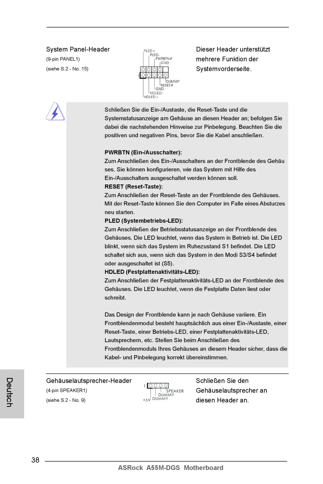 ASRock A55M-DGS System Panel-Header, Mehrere Funktion der, Systemvorderseite, Gehäuselautsprecher-Header Schließen Sie den 