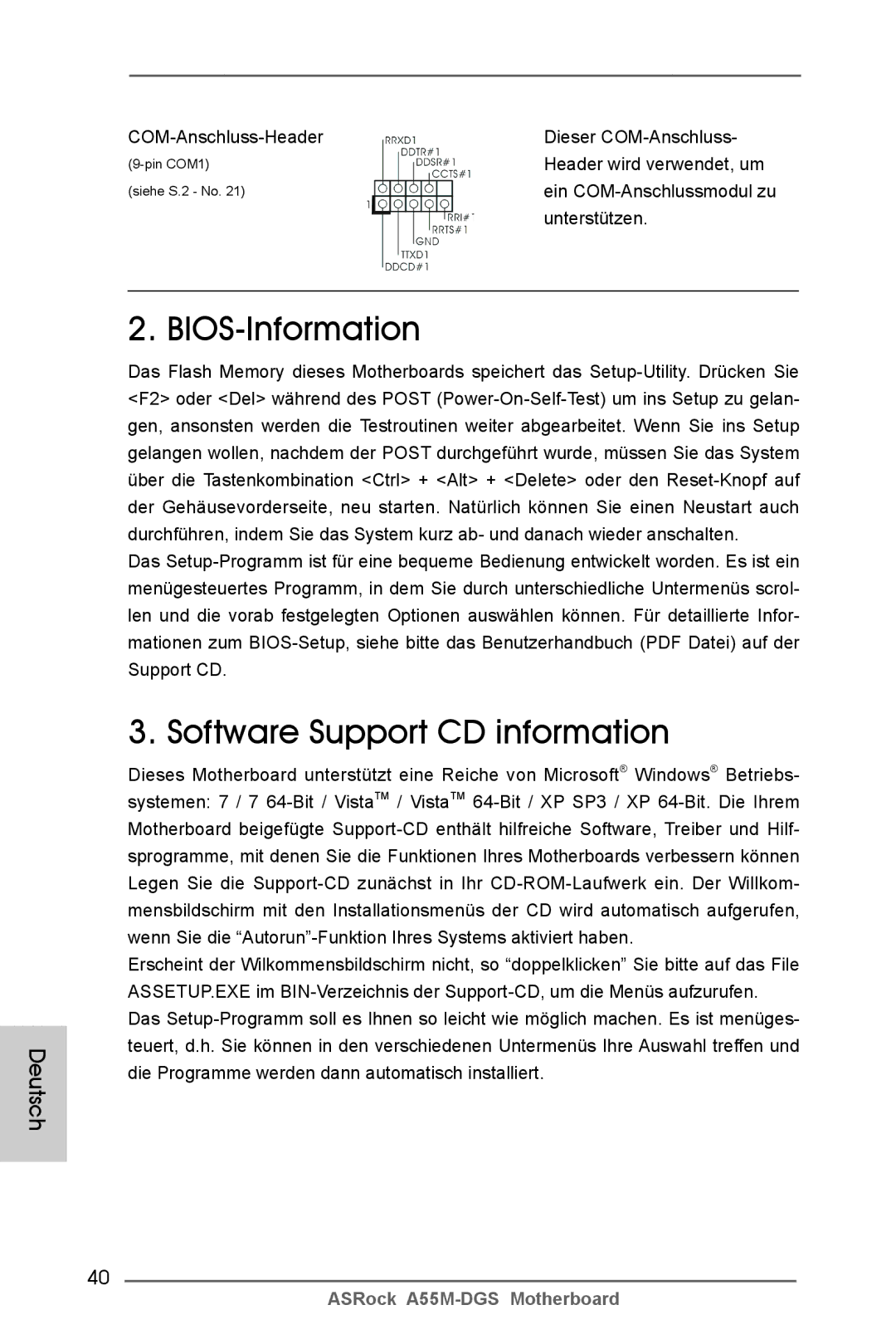 ASRock A55M-DGS manual COM-Anschluss-Header Dieser COM-Anschluss, Header wird verwendet, um, Unterstützen 