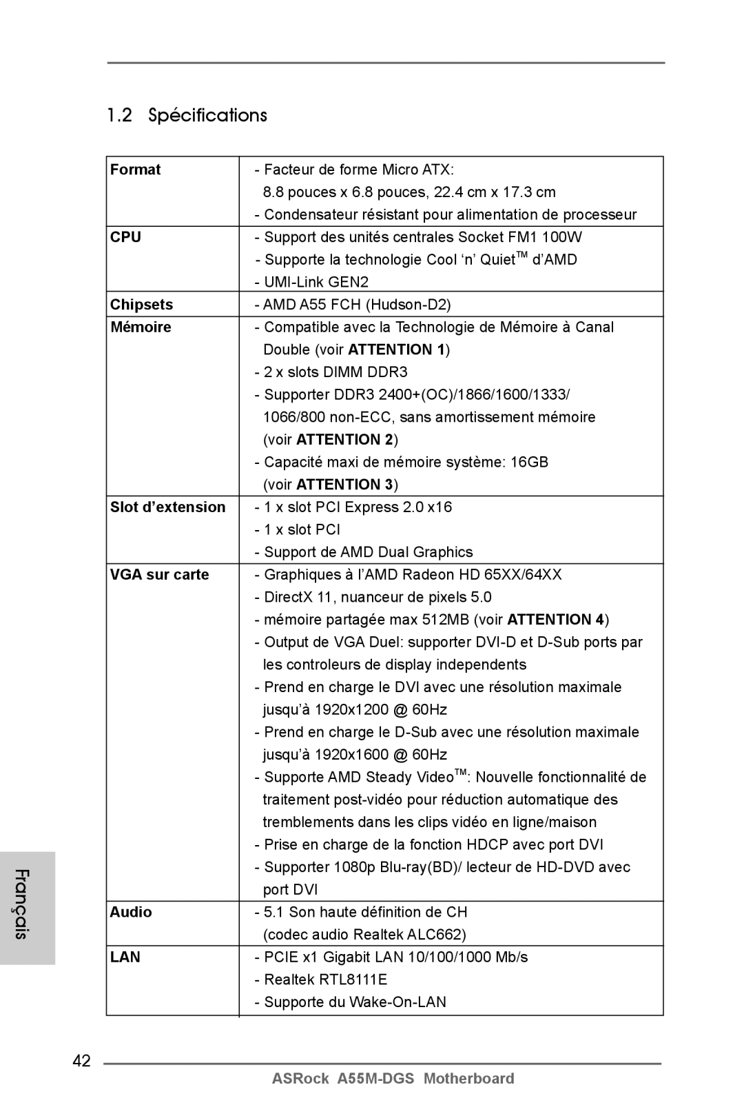 ASRock A55M-DGS manual Spécifications 