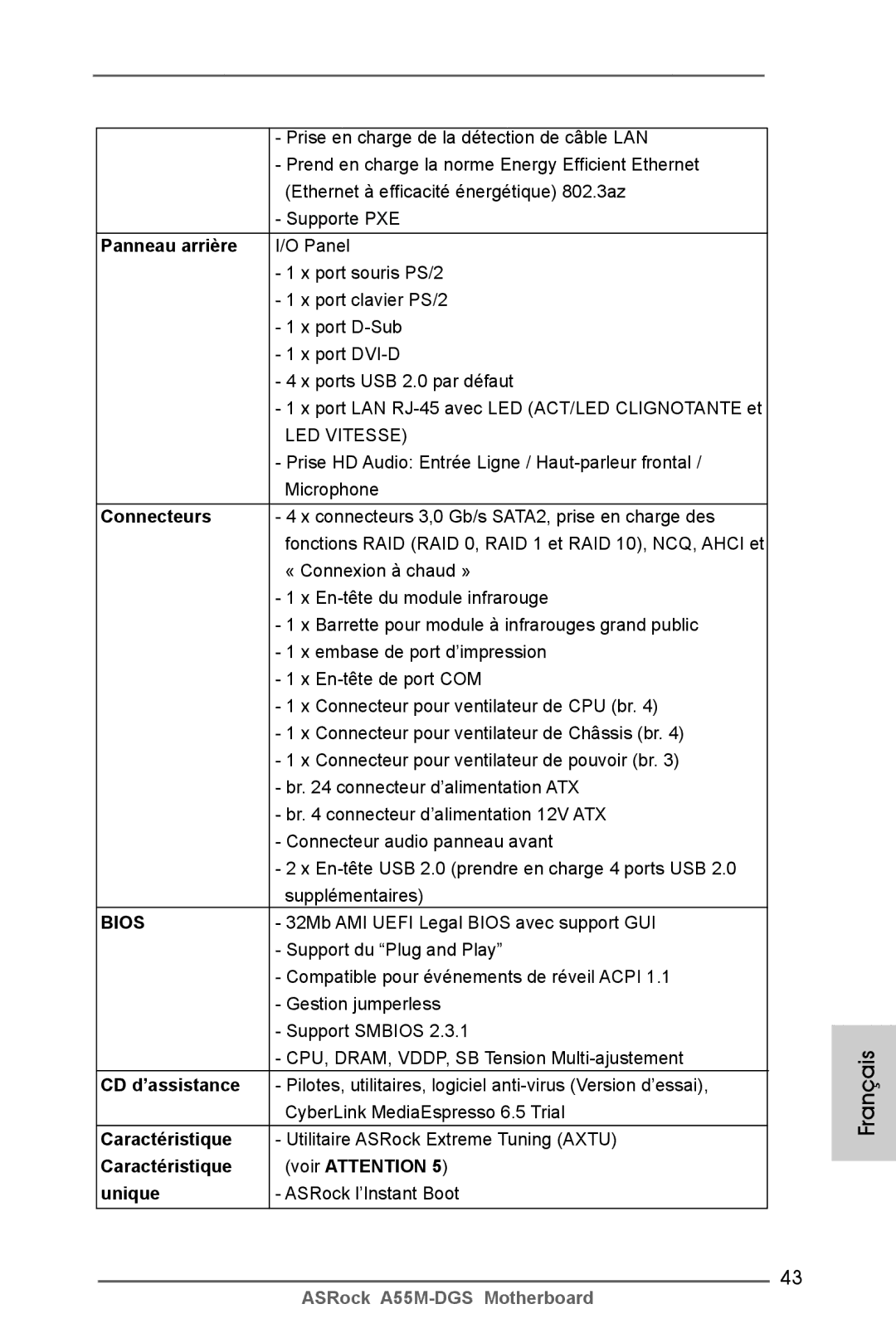 ASRock A55M-DGS manual Panneau arrière, Connecteurs, Caractéristique Voir Attention Unique 