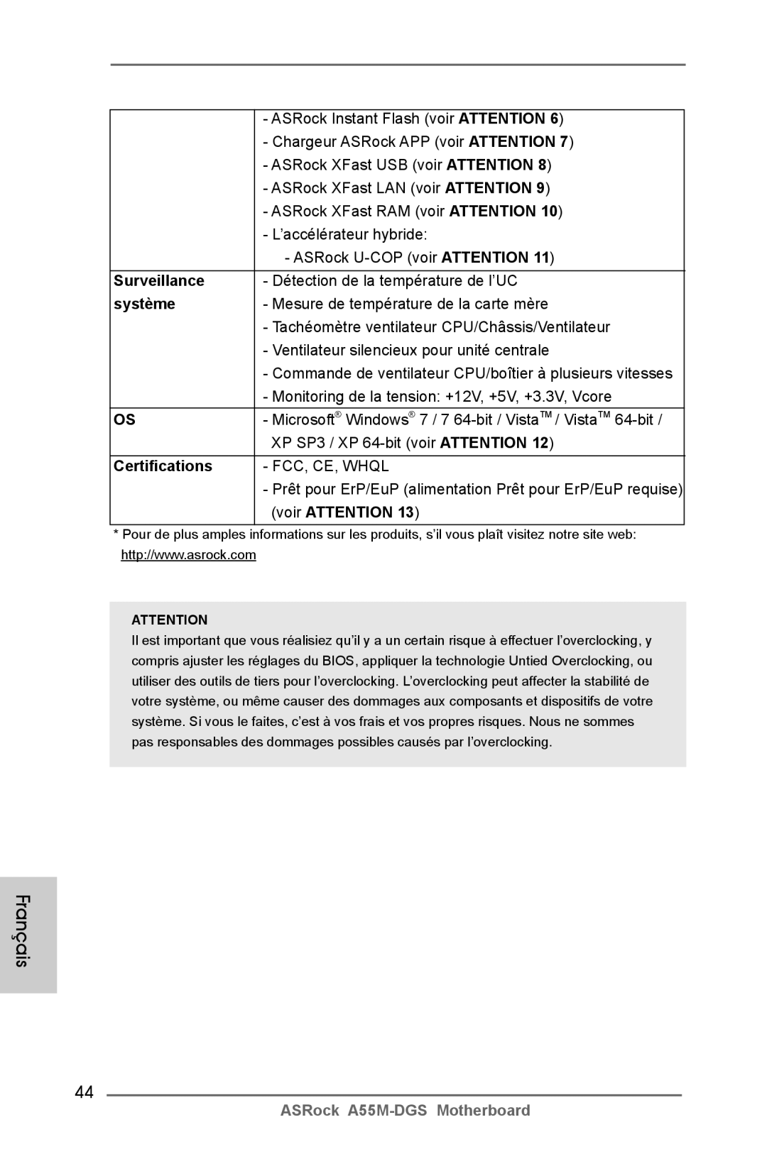 ASRock A55M-DGS manual Surveillance, Système 