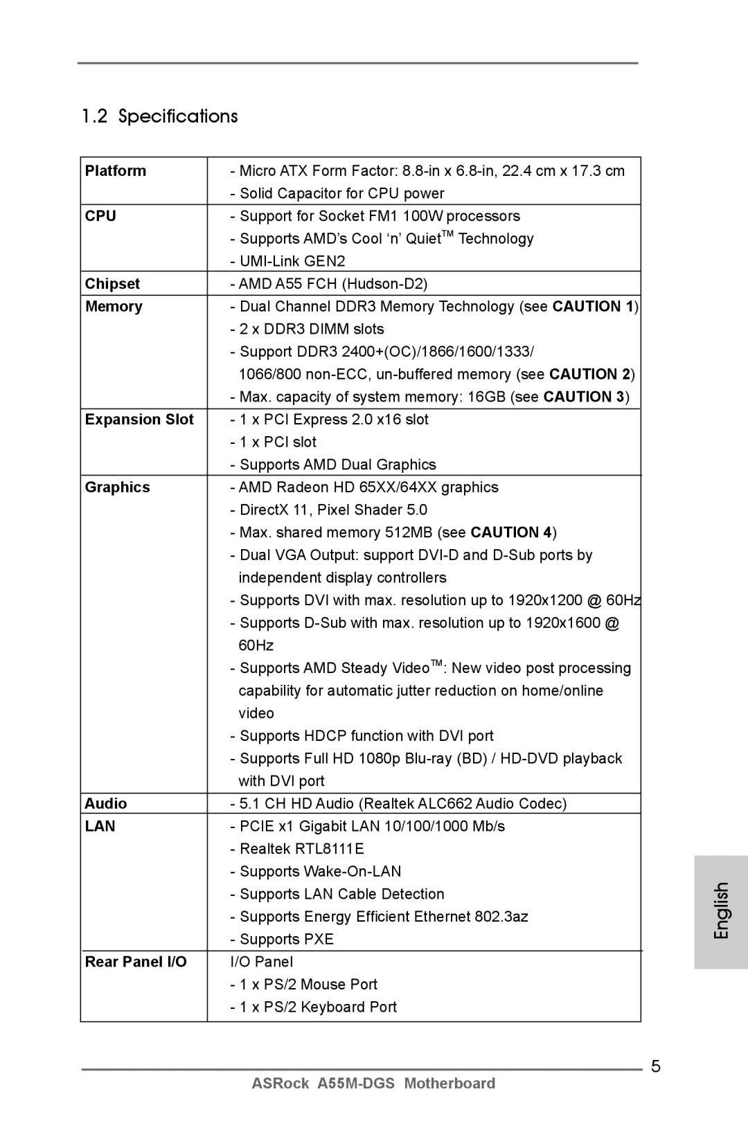 ASRock A55M-DGS manual Specifications 