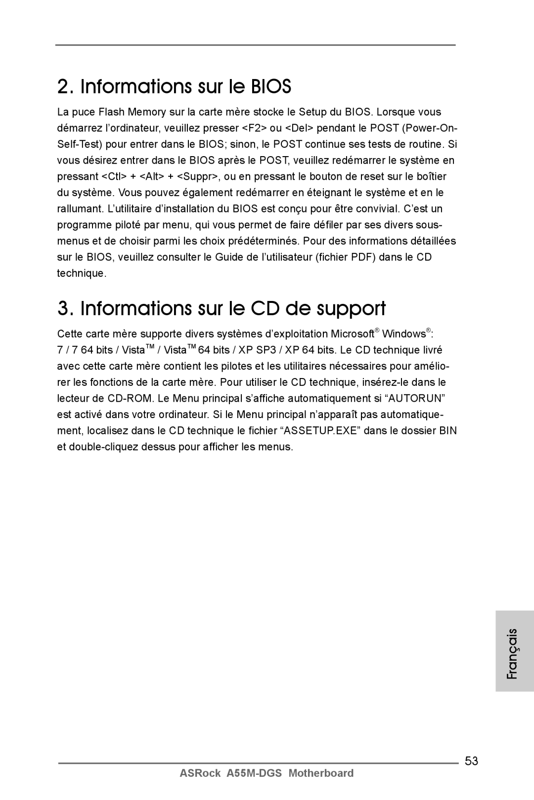 ASRock A55M-DGS manual Informations sur le Bios Informations sur le CD de support 