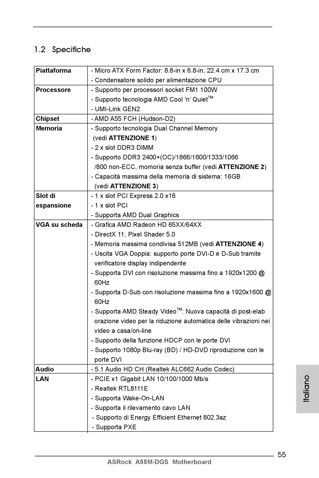 ASRock A55M-DGS manual Specifiche 