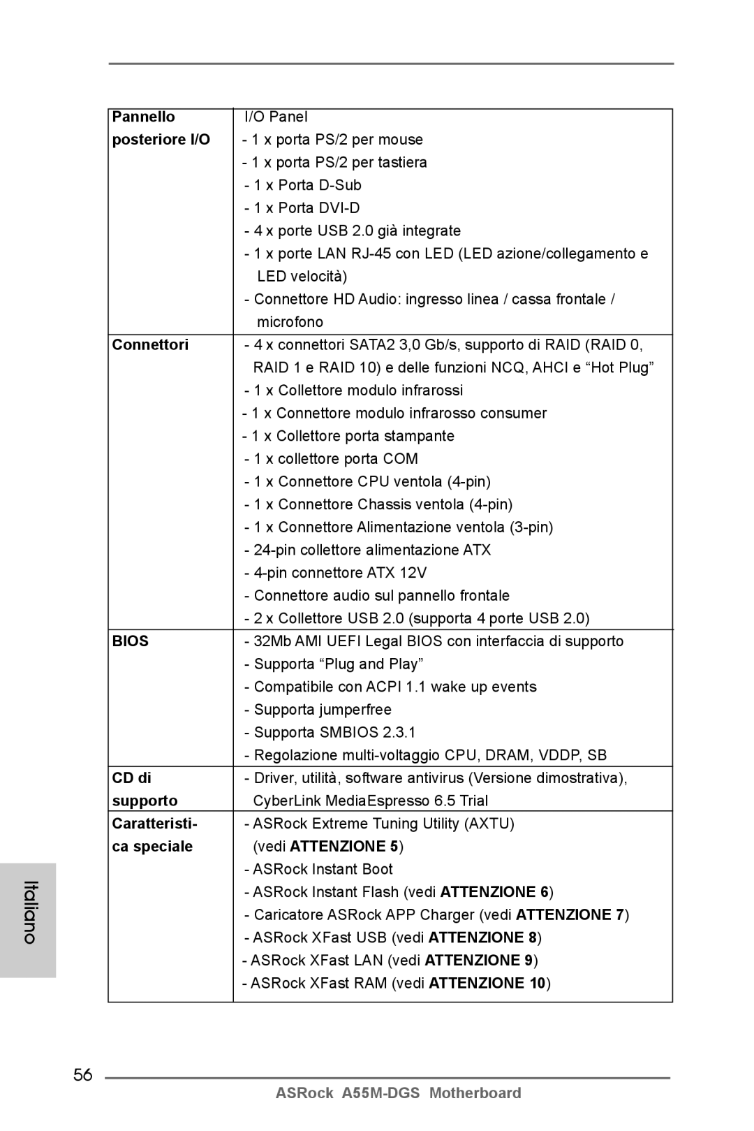 ASRock A55M-DGS manual Pannello, Posteriore I/O, Connettori, CD di, Supporto, Caratteristi, Ca speciale Vedi Attenzione 