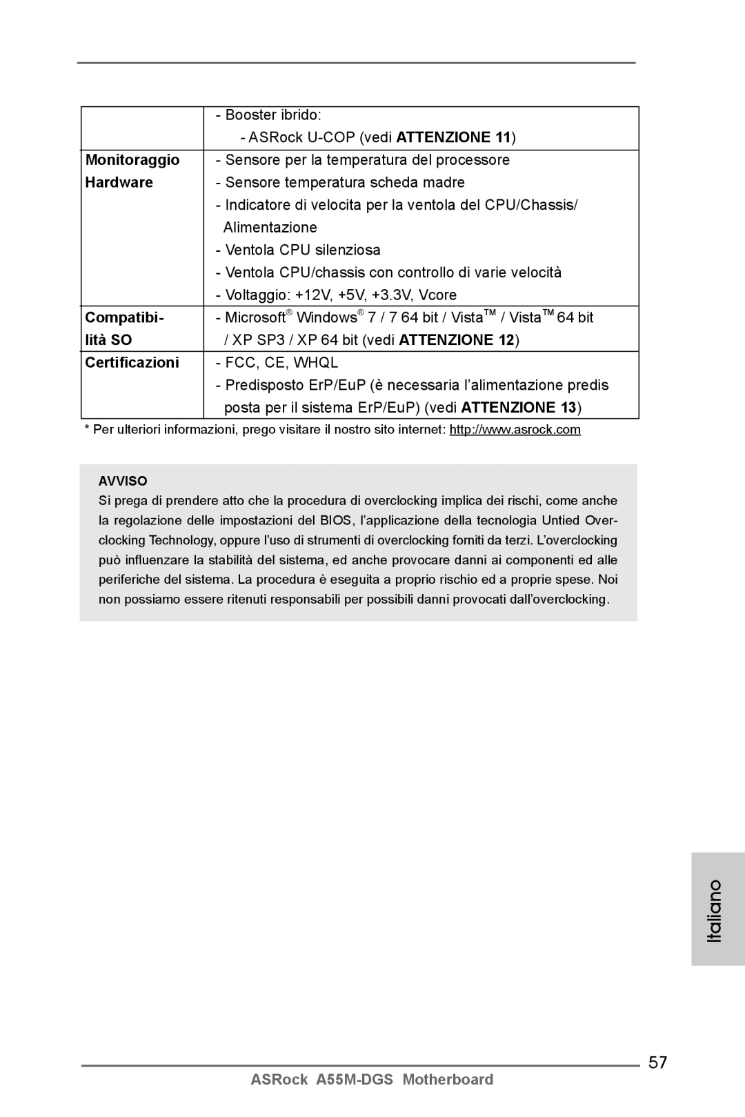 ASRock A55M-DGS manual Monitoraggio, Compatibi, Lità SO, Certificazioni 