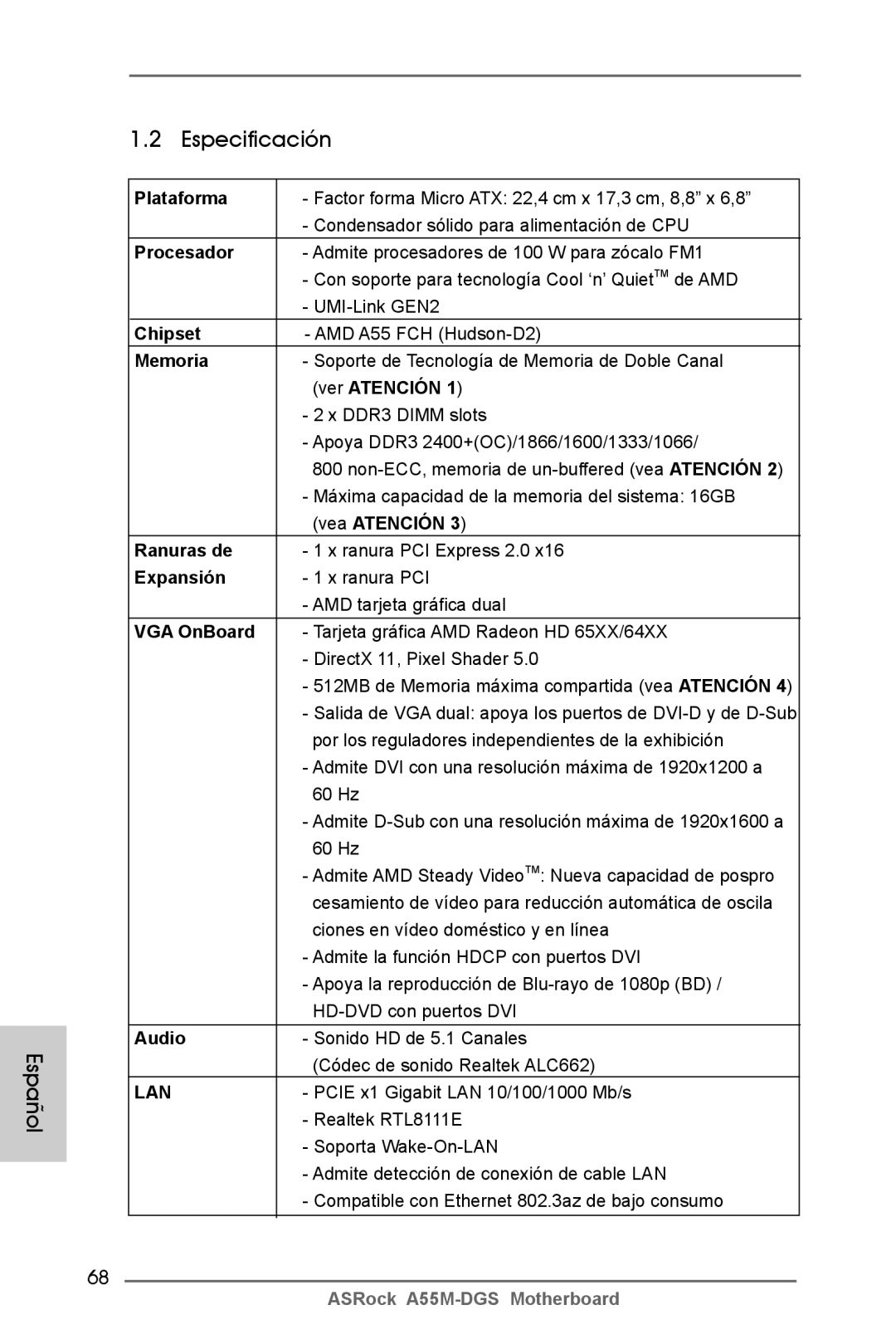 ASRock A55M-DGS manual Español Especificación 