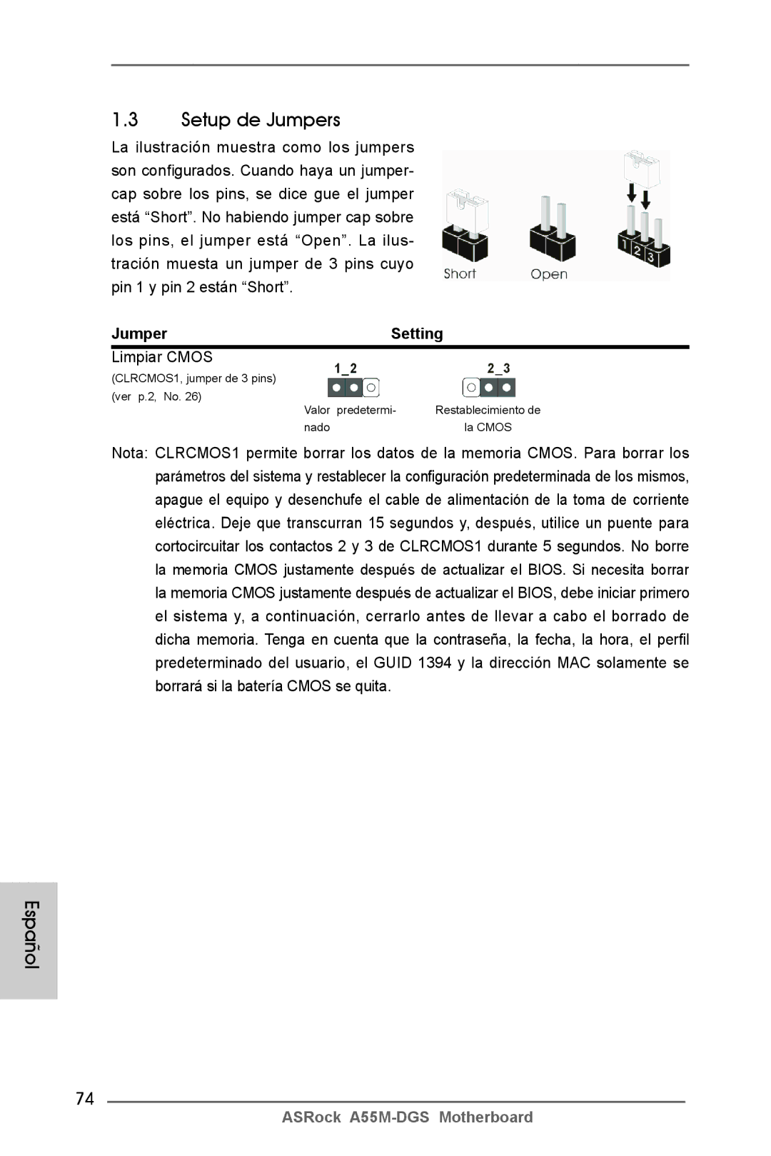 ASRock A55M-DGS manual Setup de Jumpers, Jumper Setting, Limpiar Cmos 