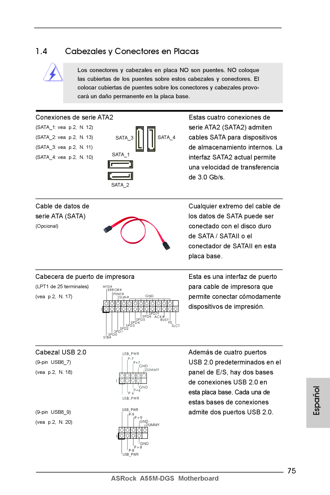 ASRock A55M-DGS manual Cabezales y Conectores en Placas 