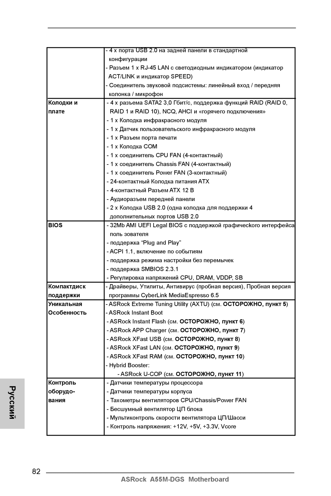 ASRock A55M-DGS manual Колодки и, Плате, Компактдиск, Поддержки, Уникальная, Особенность, Контроль, Оборудо, Вания 