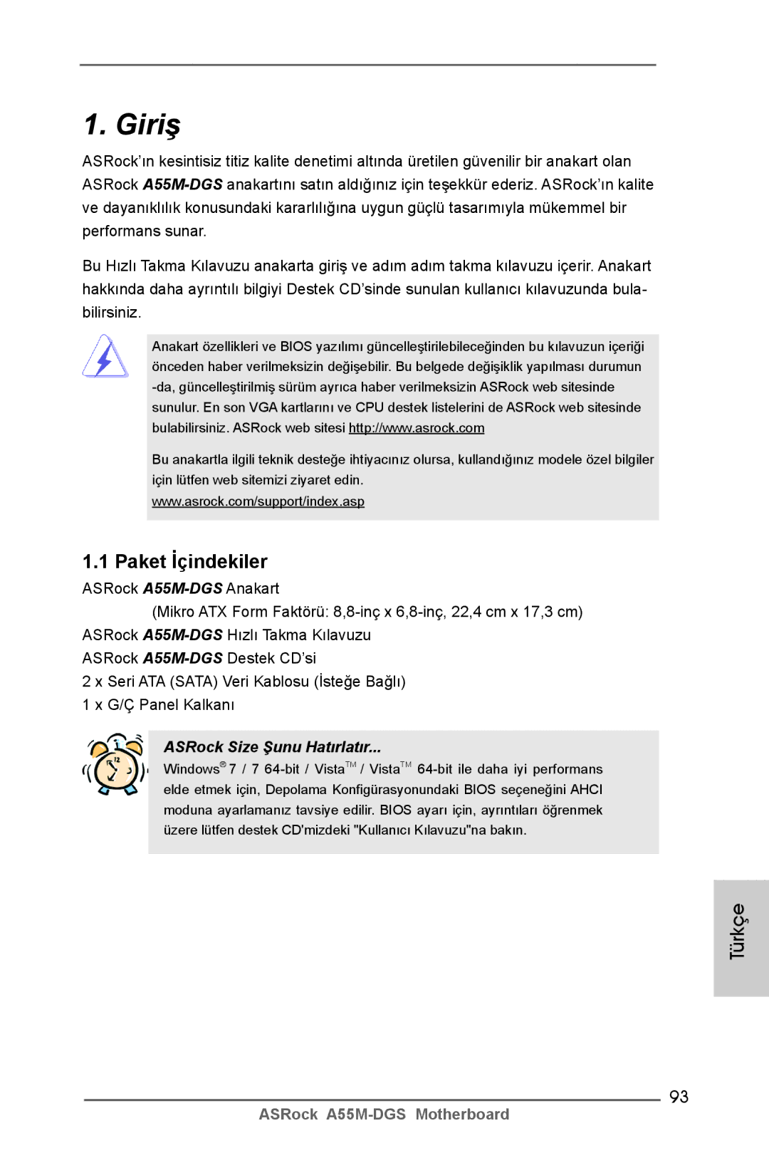 ASRock A55M-DGS manual Giriş, Türkçe 