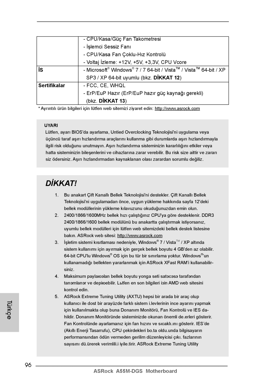 ASRock A55M-DGS manual Sertifikalar, Bkz. Dİkkat 