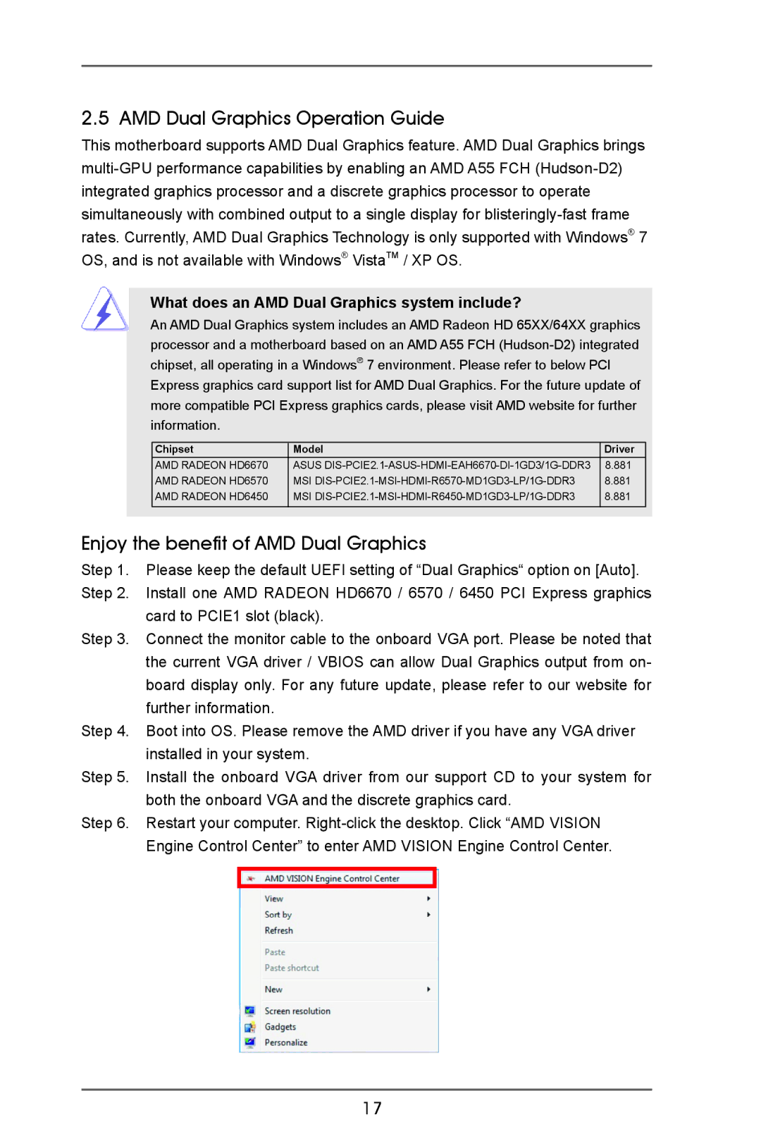 ASRock A55M-VS manual AMD Dual Graphics Operation Guide, Enjoy the benefit of AMD Dual Graphics 