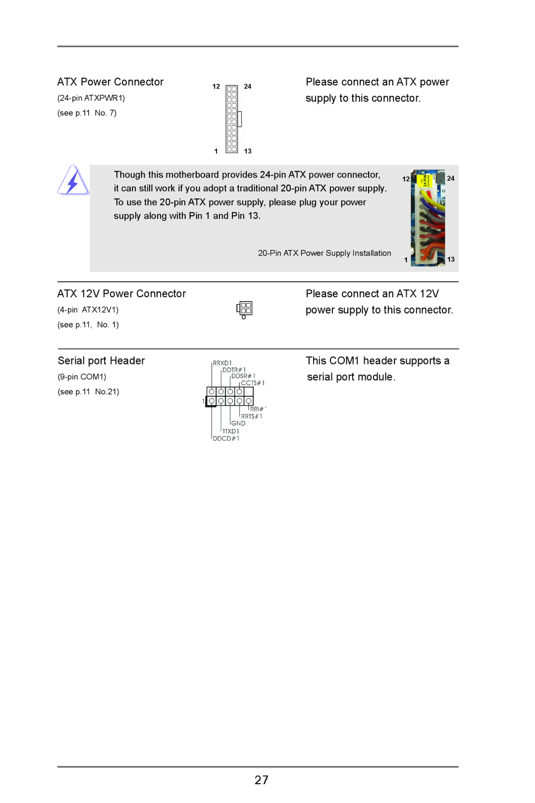 ASRock A55M-VS manual ATX Power Connector, Please connect an ATX power supply to this connector 