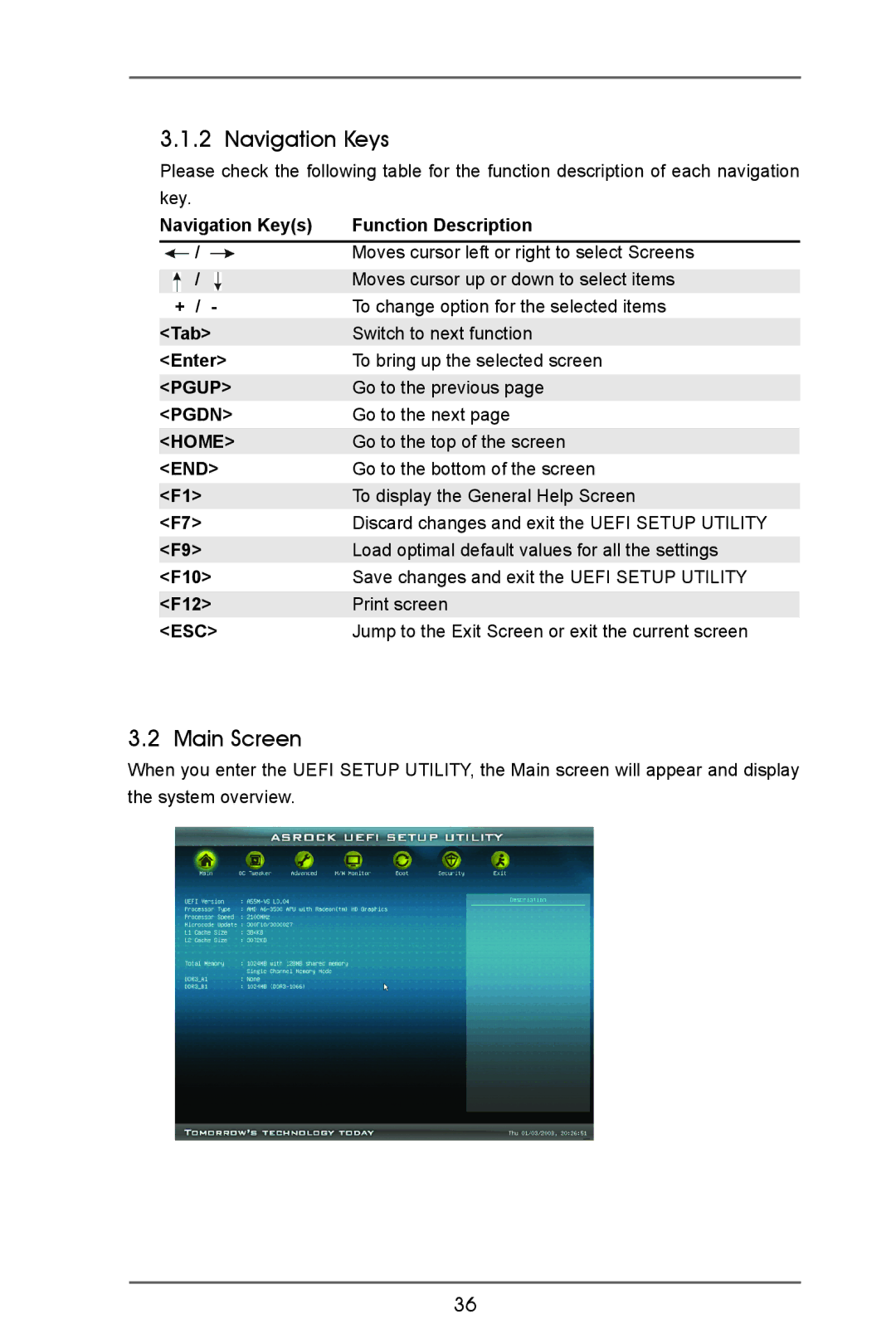 ASRock A55M-VS manual Main Screen, Navigation Keys + / Tab Enter Pgup Pgdn Home, F10 F12 