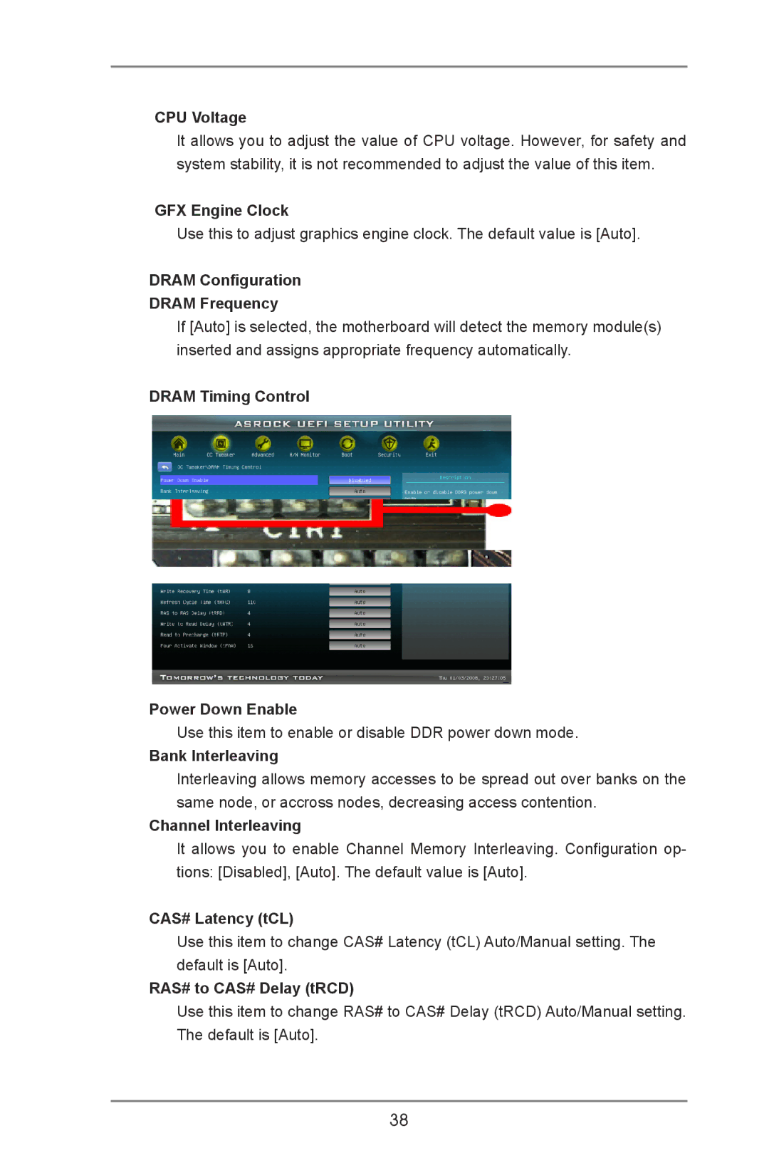 ASRock A55M-VS CPU Voltage, GFX Engine Clock, Dram Configuration Dram Frequency, Dram Timing Control Power Down Enable 