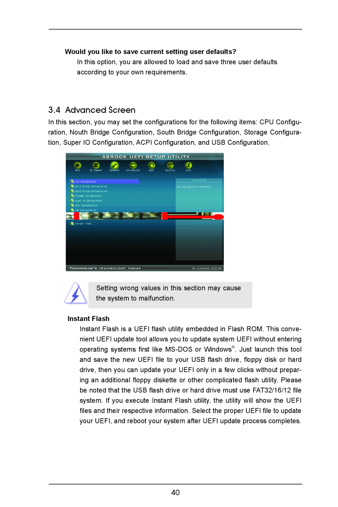 ASRock A55M-VS manual Advanced Screen, Would you like to save current setting user defaults?, Instant Flash 