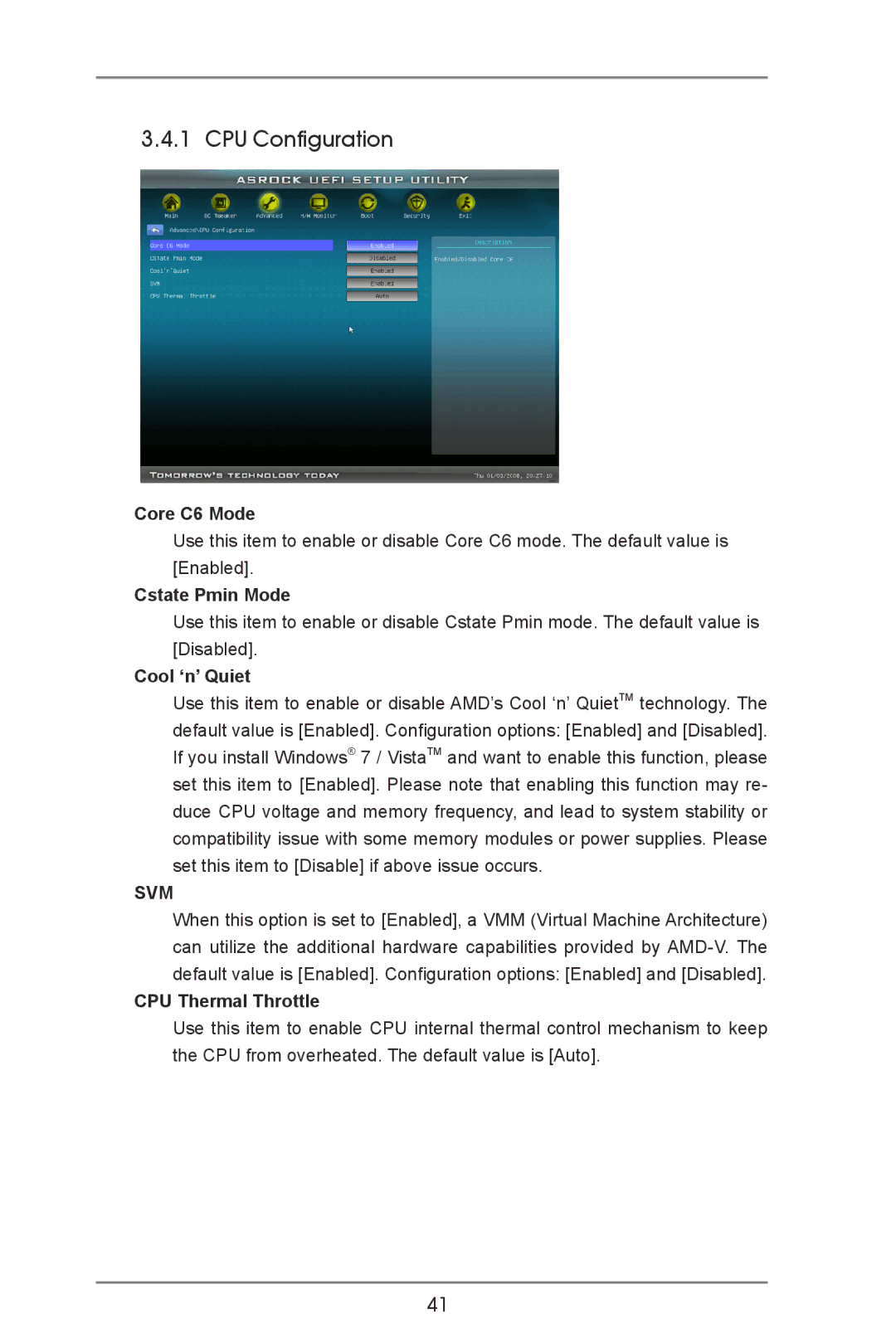 ASRock A55M-VS manual CPU Configuration, Core C6 Mode, Cstate Pmin Mode, Cool ‘n’ Quiet, CPU Thermal Throttle 