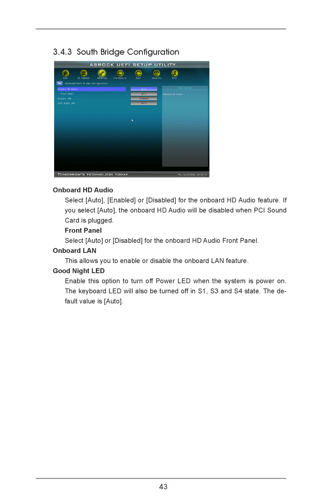 ASRock A55M-VS manual South Bridge Configuration, Onboard HD Audio, Front Panel, Onboard LAN, Good Night LED 