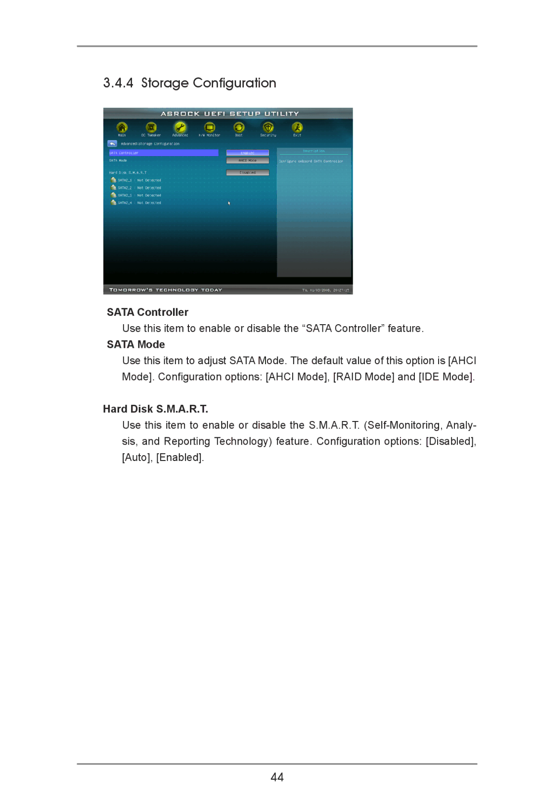 ASRock A55M-VS manual Storage Configuration, Sata Controller, Sata Mode, Hard Disk S.M.A.R.T 