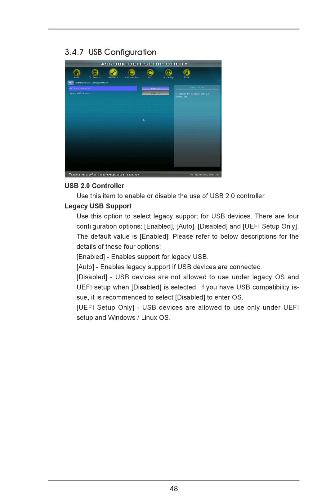 ASRock A55M-VS manual USB Configuration, USB 2.0 Controller, Legacy USB Support 