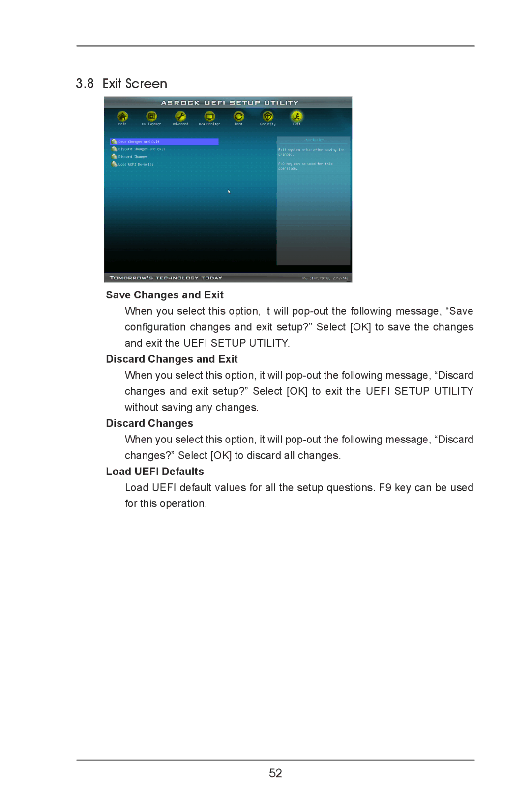 ASRock A55M-VS manual Exit Screen, Save Changes and Exit, Discard Changes and Exit, Load Uefi Defaults 