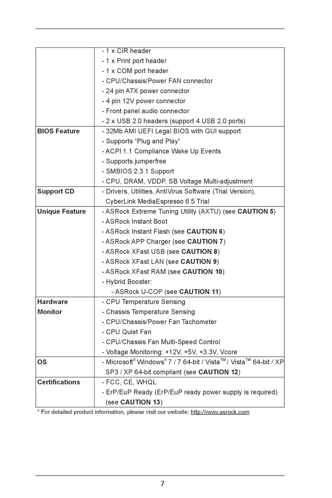 ASRock A55M-VS manual Bios Feature, Support CD, Unique Feature, Hardware, Monitor, Certifications, See Caution 