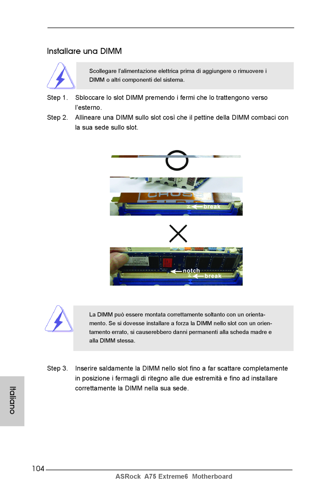 ASRock A75 Extreme6 manual Italiano Installare una Dimm, 104 