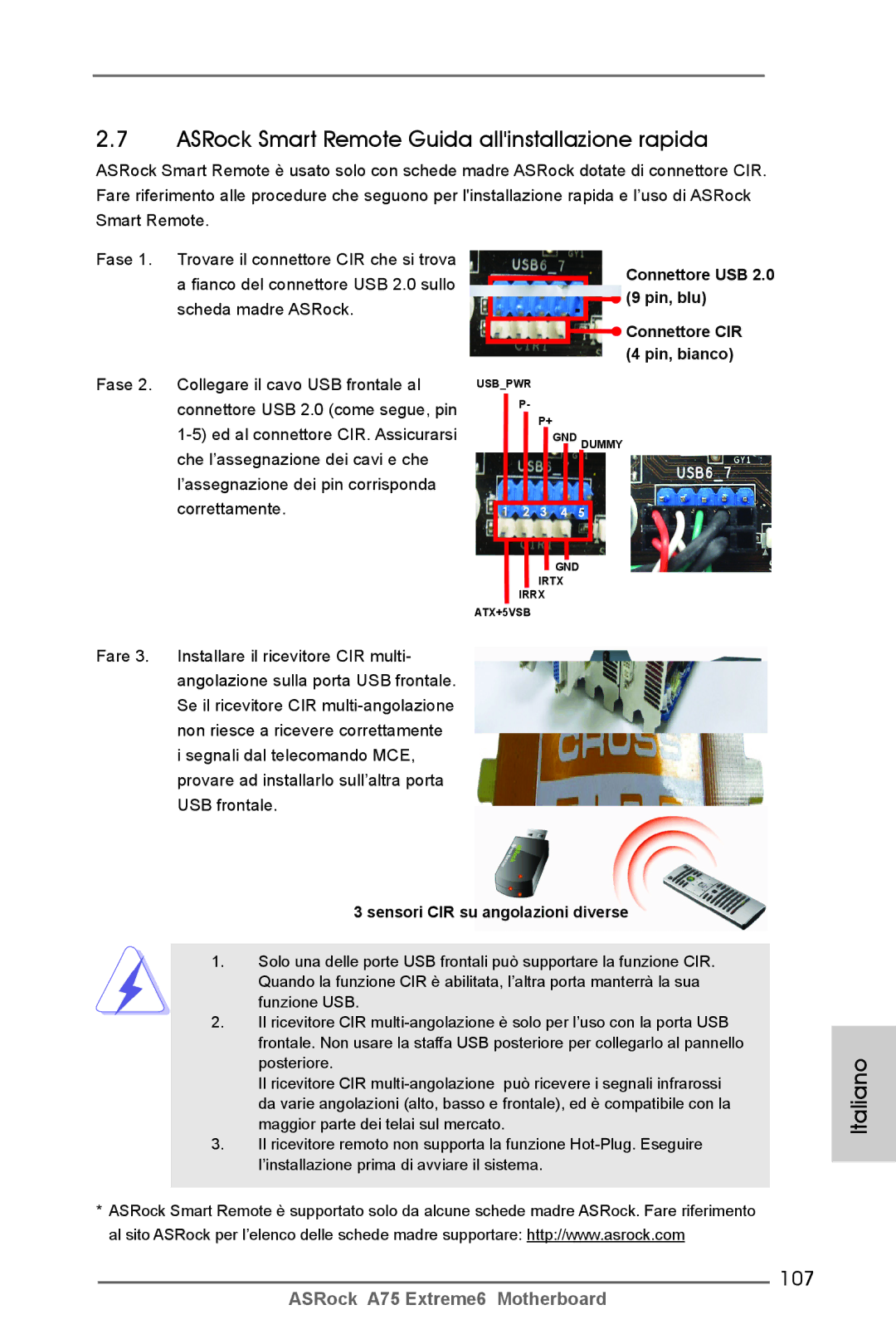 ASRock A75 Extreme6 manual ASRock Smart Remote Guida allinstallazione rapida, 107, Sensori CIR su angolazioni diverse 