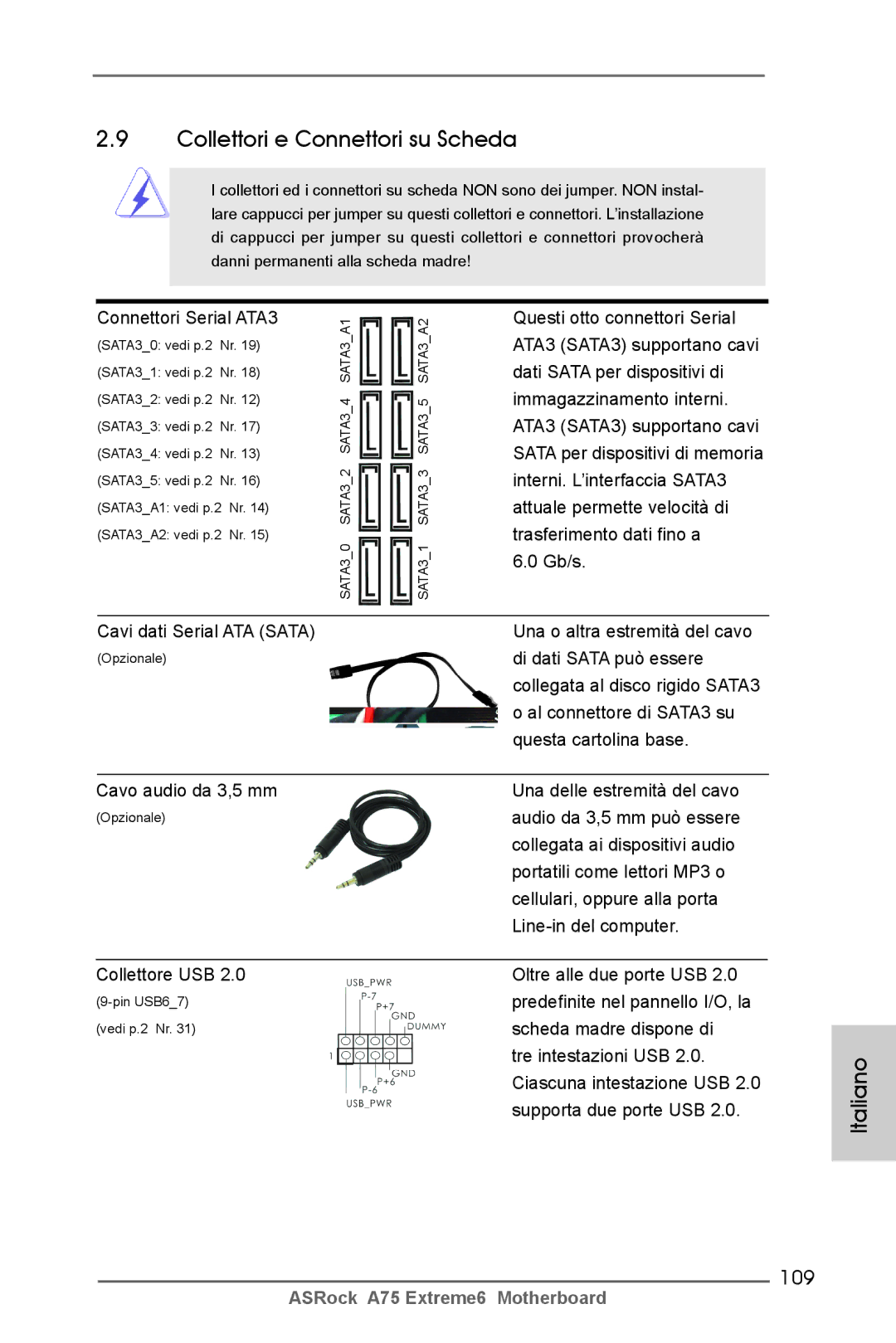 ASRock A75 Extreme6 Collettori e Connettori su Scheda, 109, Connettori Serial ATA3, Cavo audio da 3,5 mm, Collettore USB 