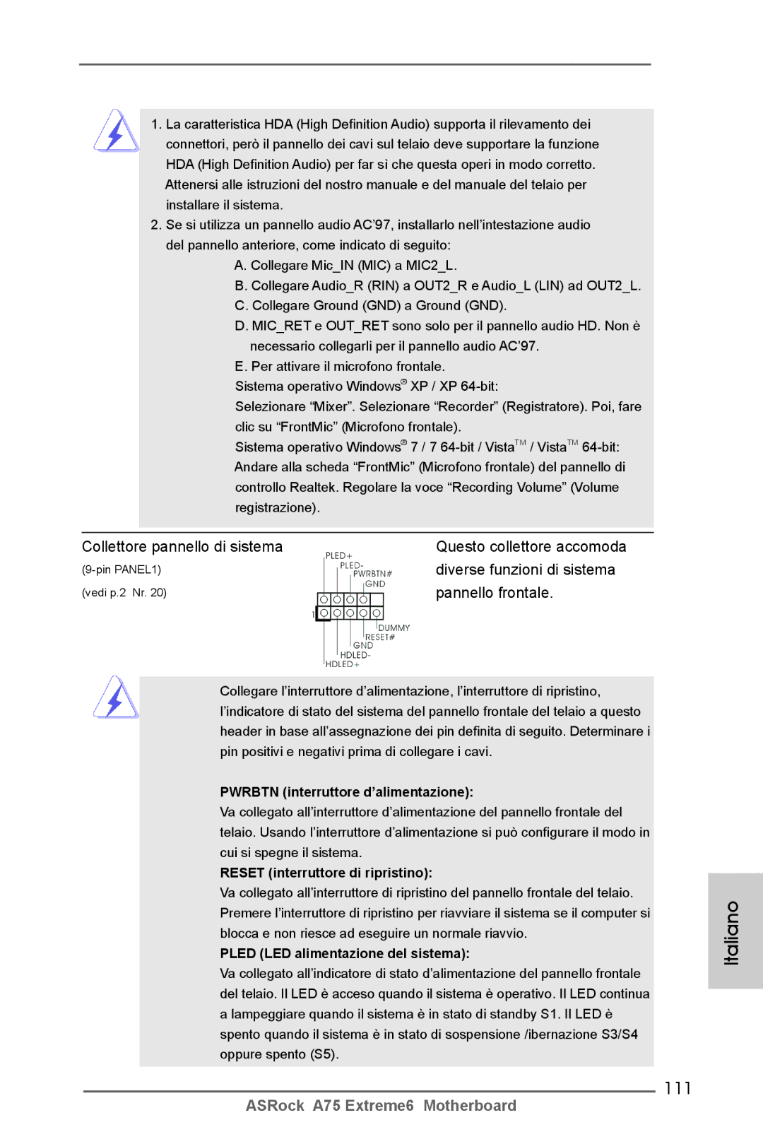 ASRock A75 Extreme6 manual 111, Collettore pannello di sistema, Diverse funzioni di sistema 