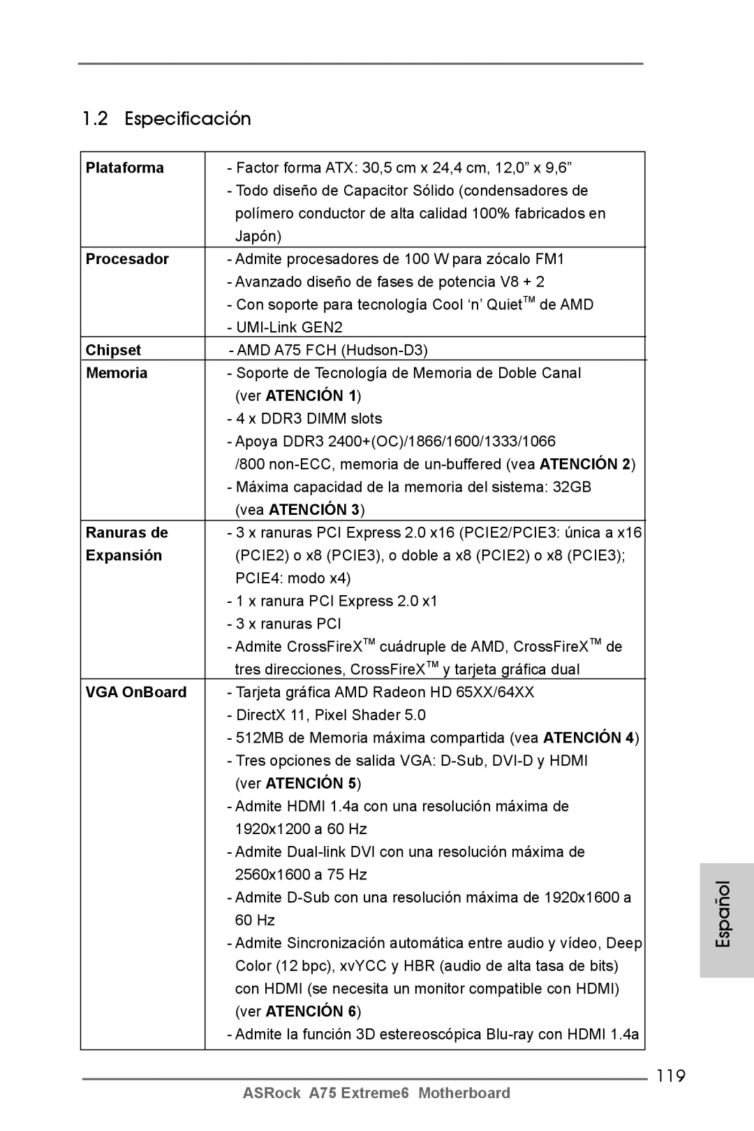 ASRock A75 Extreme6 manual Especificación, 119 