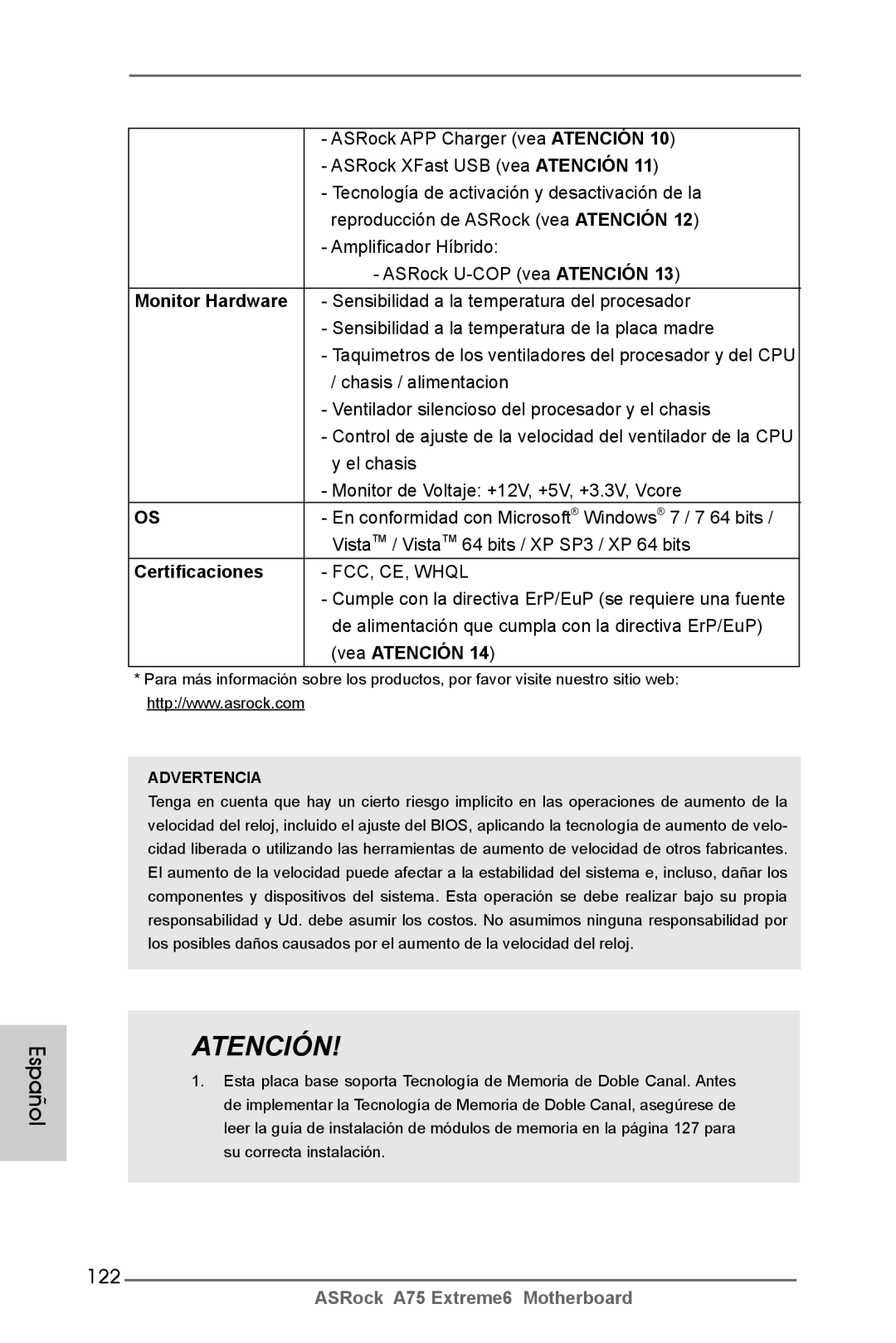 ASRock A75 Extreme6 manual 122, Monitor Hardware, Certificaciones 