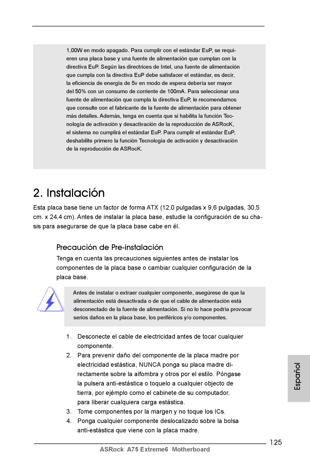 ASRock A75 Extreme6 manual Precaución de Pre-instalación, 125 