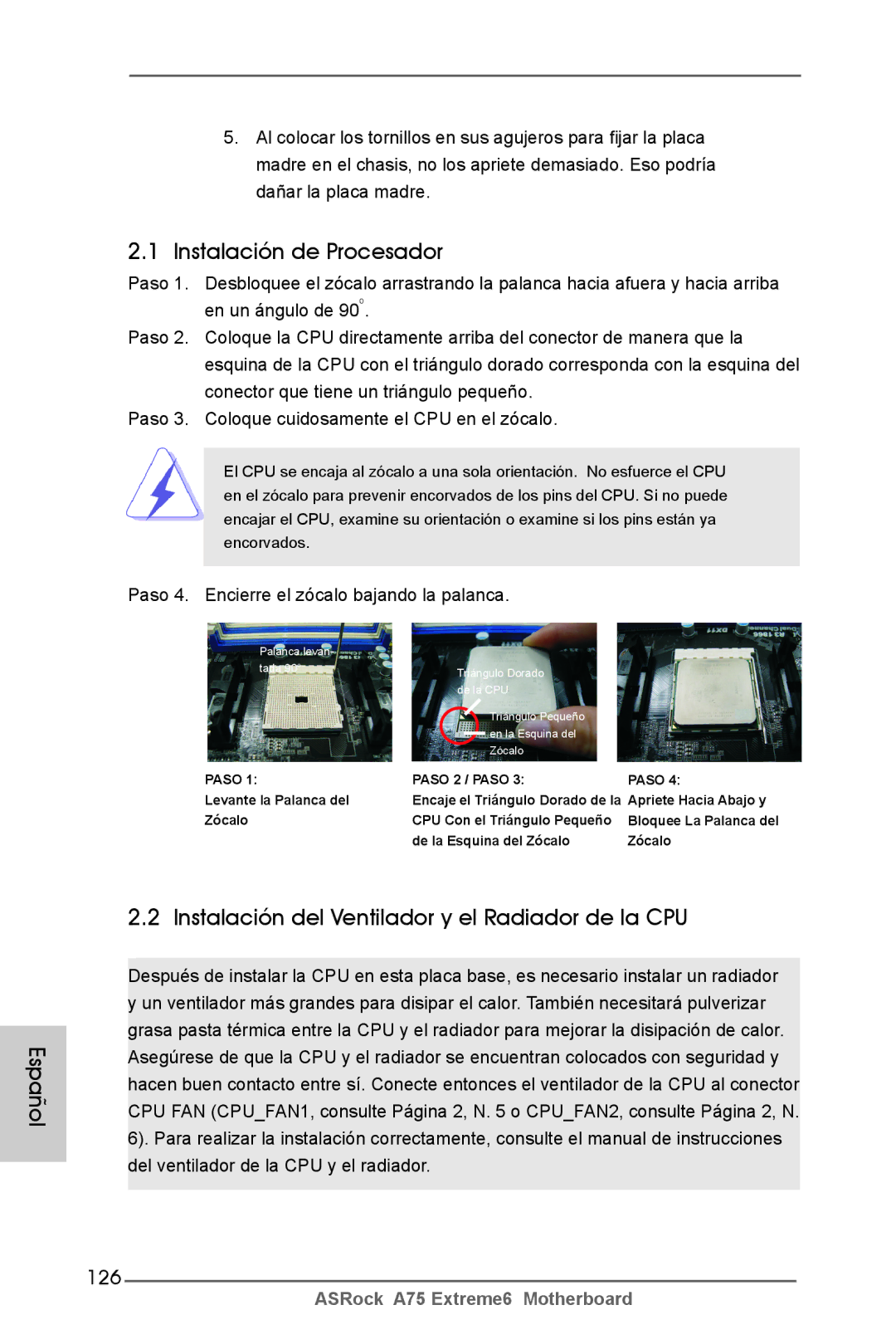 ASRock A75 Extreme6 manual Instalación de Procesador, Instalación del Ventilador y el Radiador de la CPU, 126 