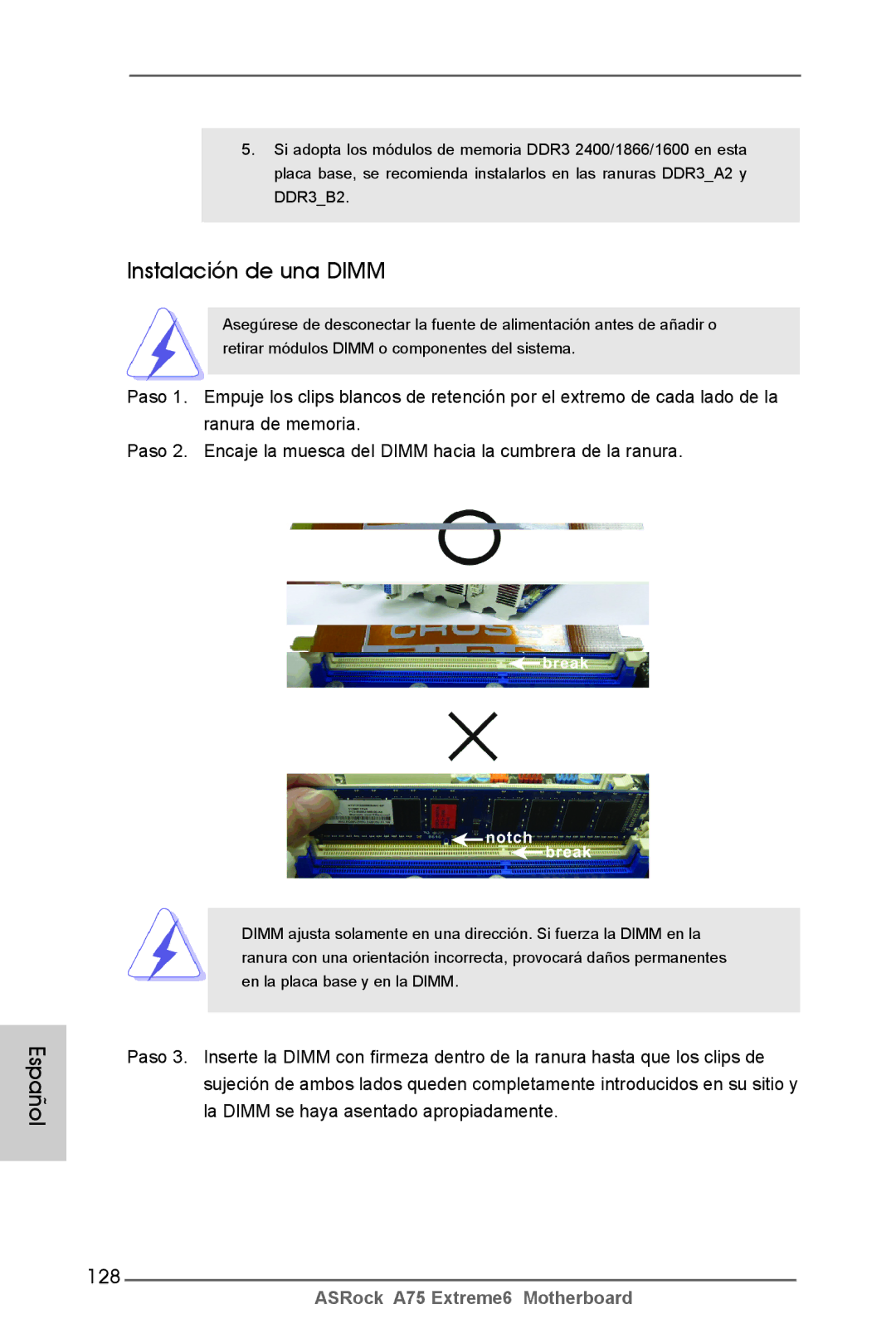 ASRock A75 Extreme6 manual Instalación de una Dimm, 128 