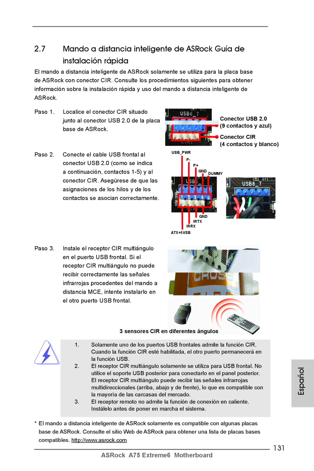 ASRock A75 Extreme6 manual 131, Sensores CIR en diferentes ángulos 