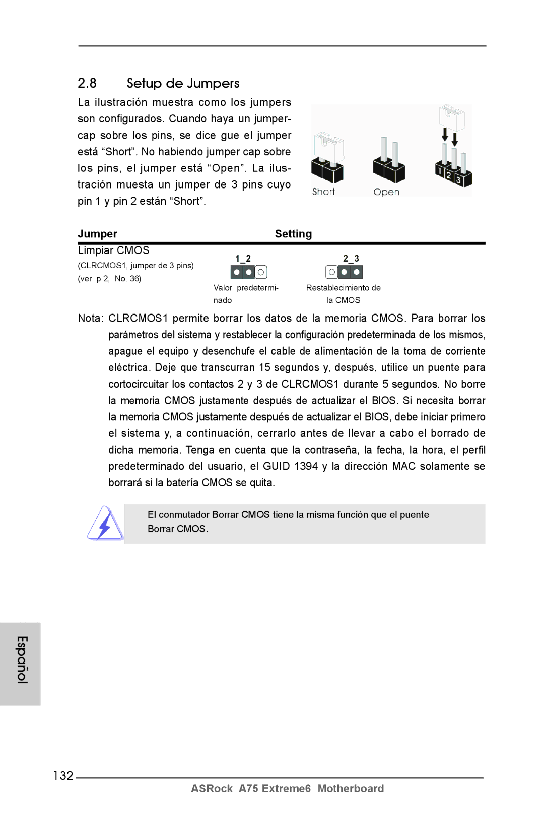 ASRock A75 Extreme6 manual Setup de Jumpers, 132, Jumper Setting, Limpiar Cmos 