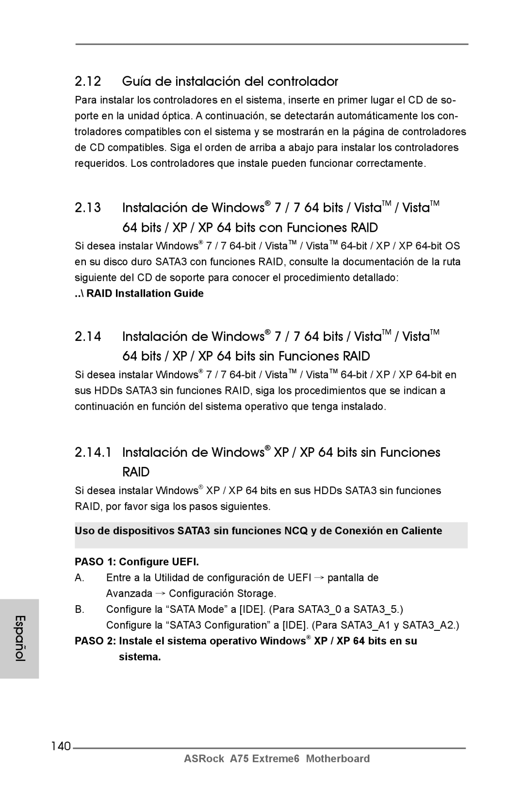 ASRock A75 Extreme6 Español 12 Guía de instalación del controlador, Instalación de Windows XP / XP 64 bits sin Funciones 