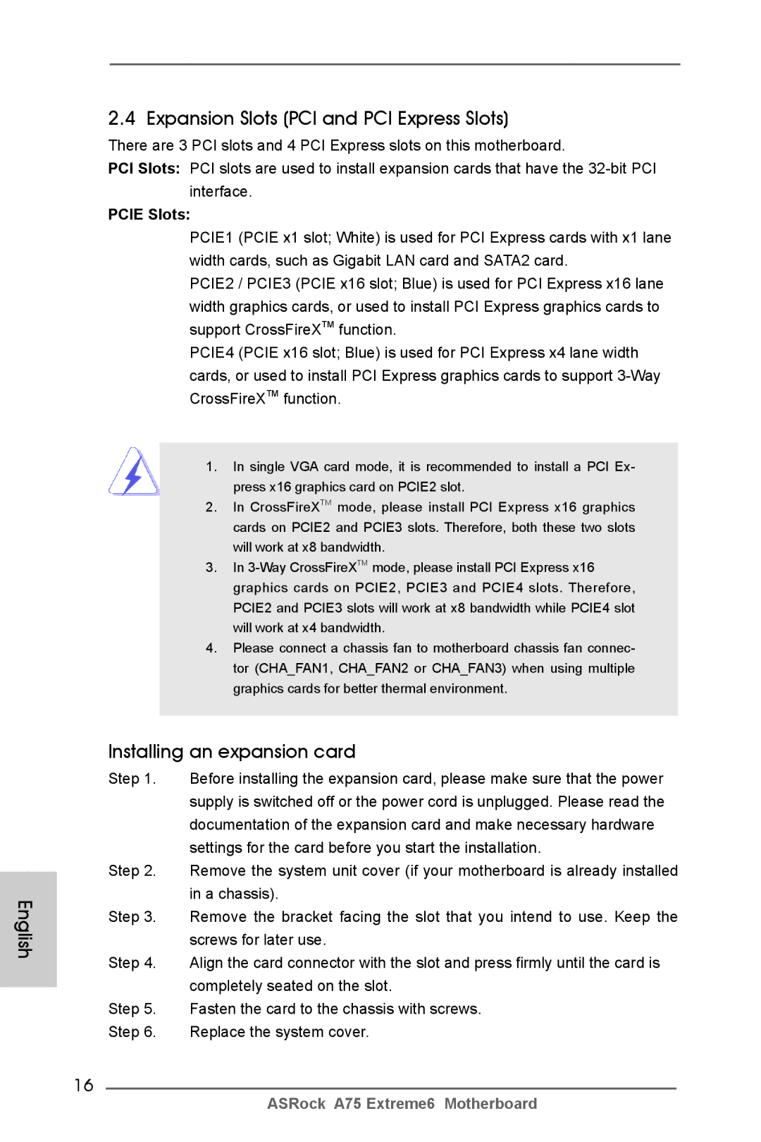 ASRock A75 Extreme6 manual English Expansion Slots PCI and PCI Express Slots, Installing an expansion card, Pcie Slots 