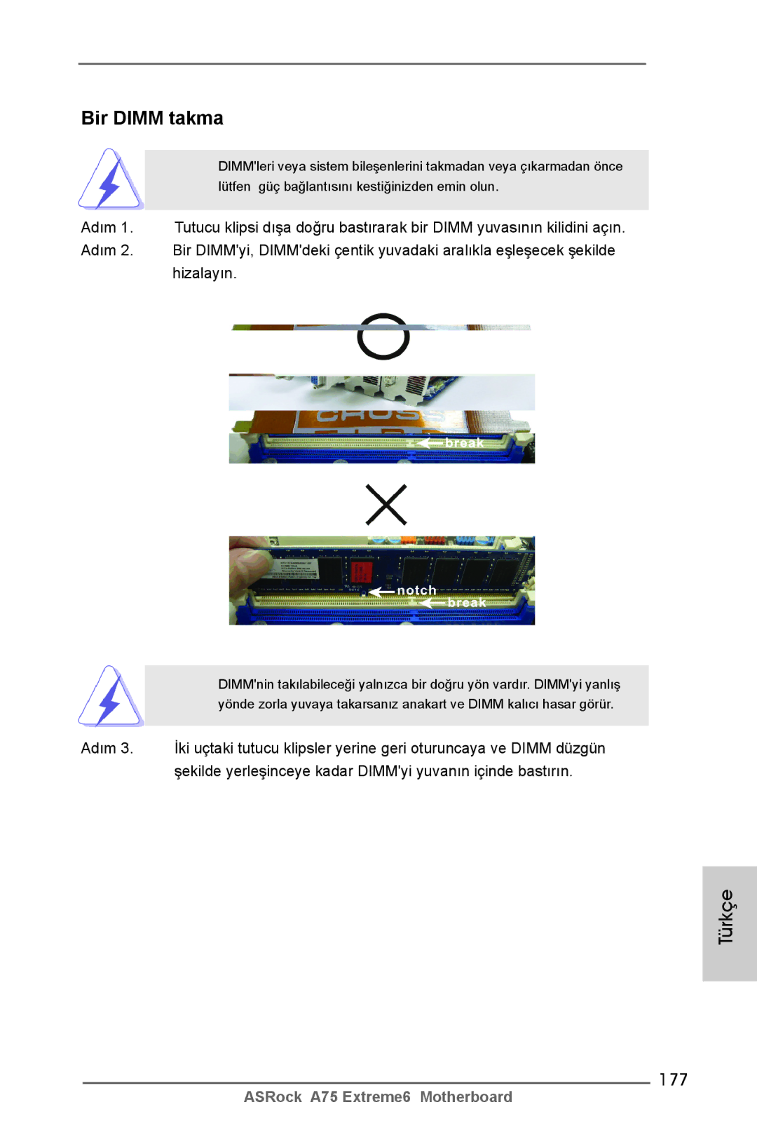 ASRock A75 Extreme6 manual Bir Dimm takma, 177 