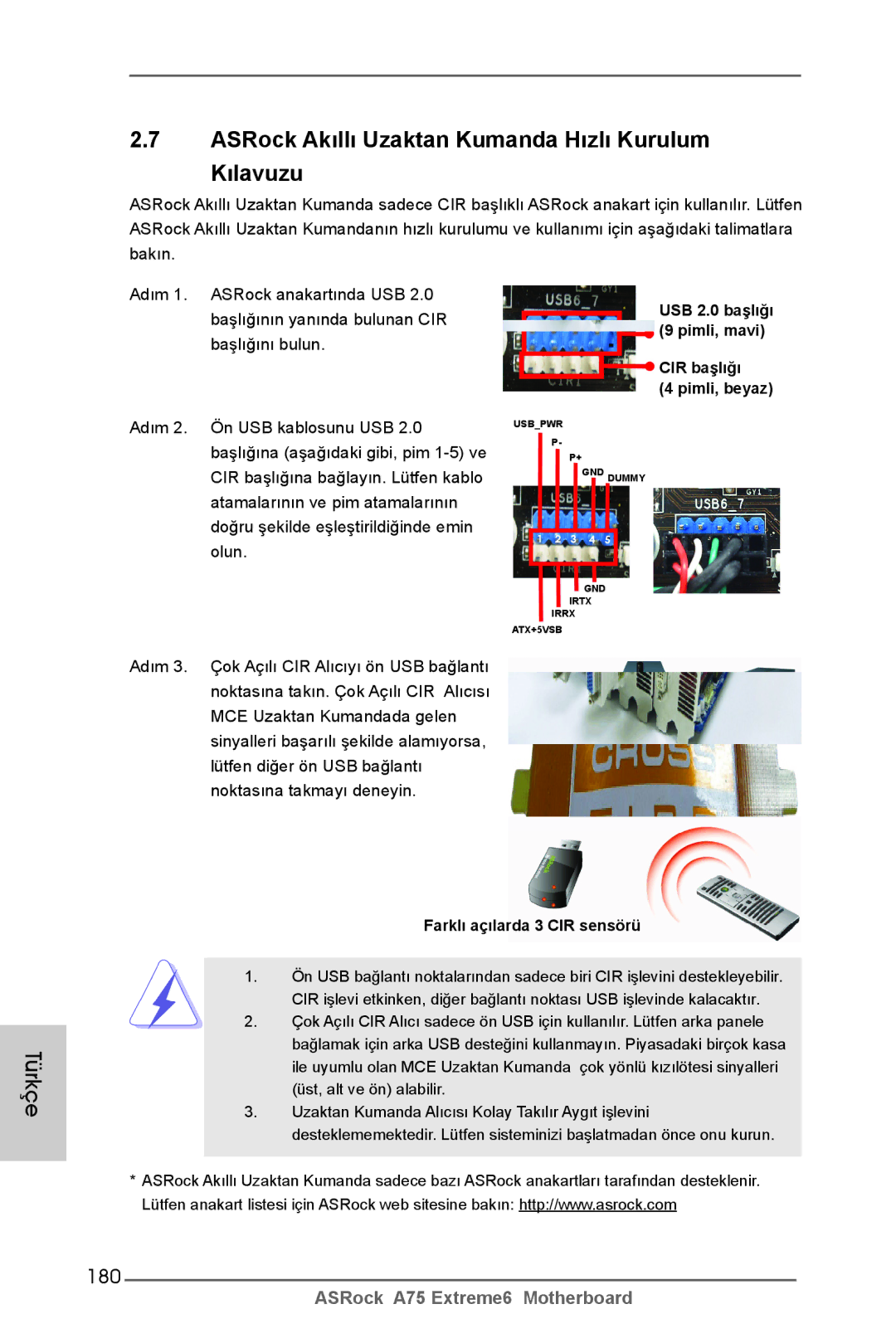 ASRock A75 Extreme6 manual ASRock Akıllı Uzaktan Kumanda Hızlı Kurulum Kılavuzu, 180, Farklı açılarda 3 CIR sensörü 