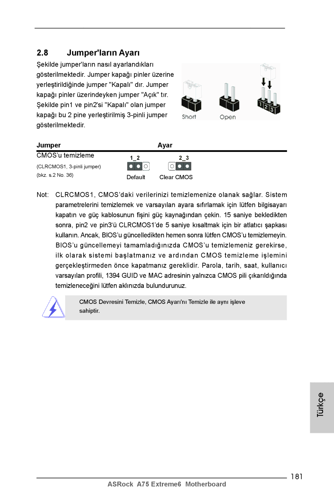 ASRock A75 Extreme6 manual Jumperların Ayarı, 181, Jumper Ayar, CMOS’u temizleme 