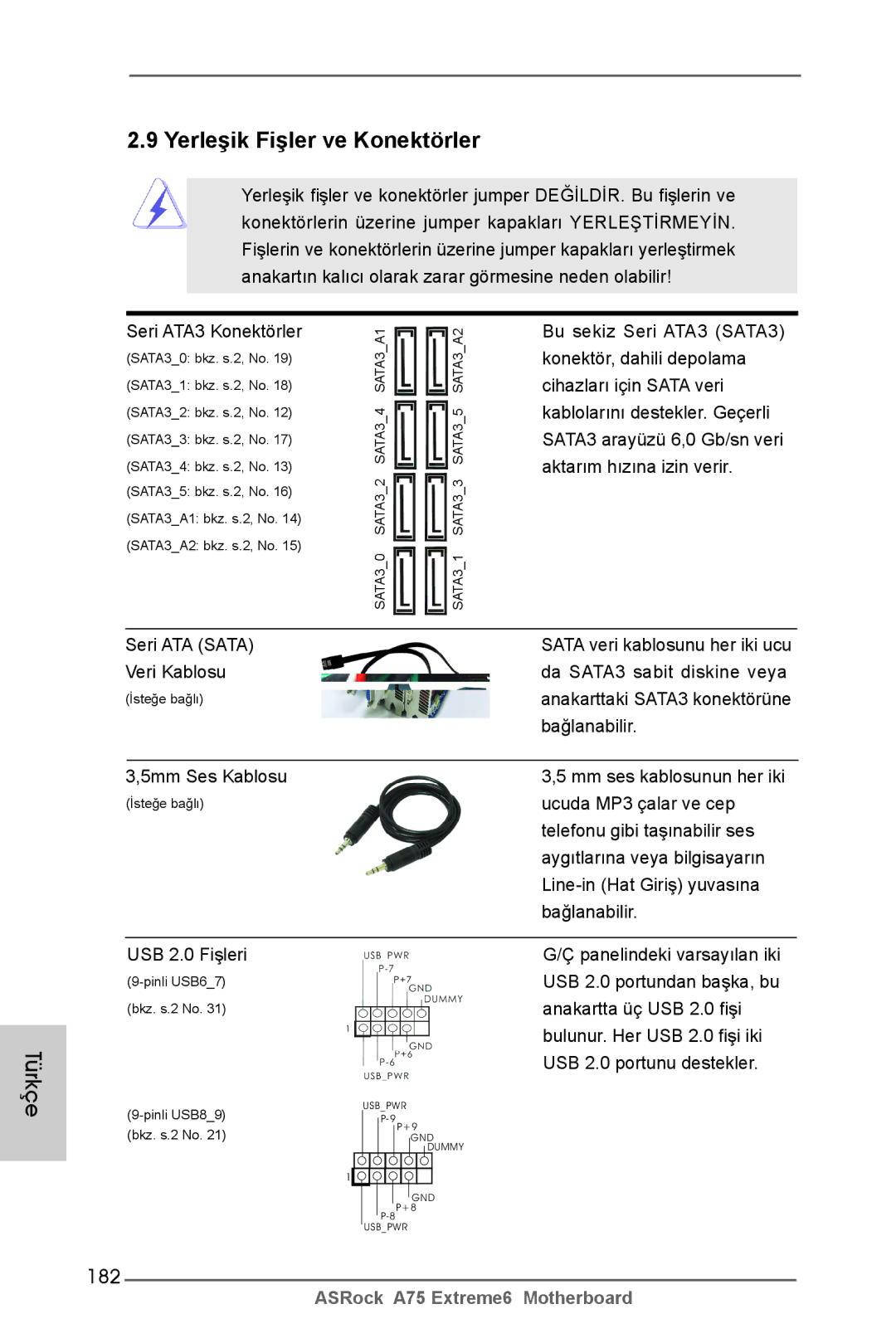 ASRock A75 Extreme6 manual Yerleşik Fişler ve Konektörler, 182, Seri ATA3 Konektörler SATA30 bkz. s.2, No, USB 2.0 Fişleri 