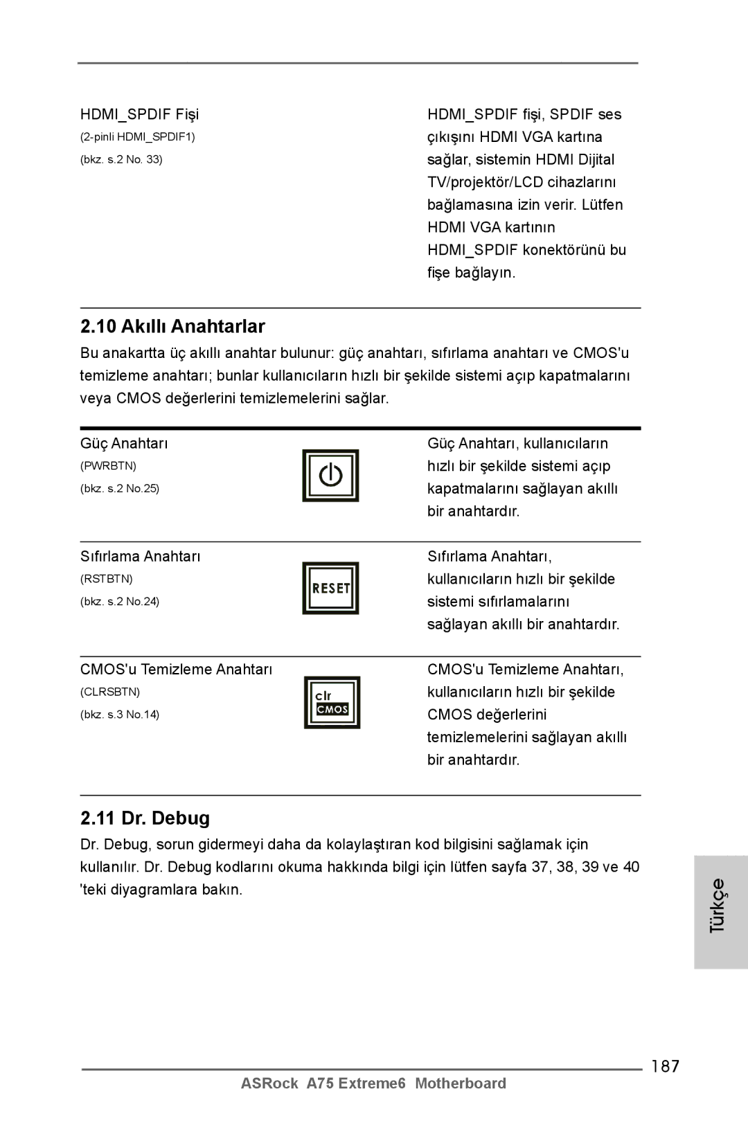 ASRock A75 Extreme6 manual 10 Akıllı Anahtarlar, 11 Dr. Debug, 187 