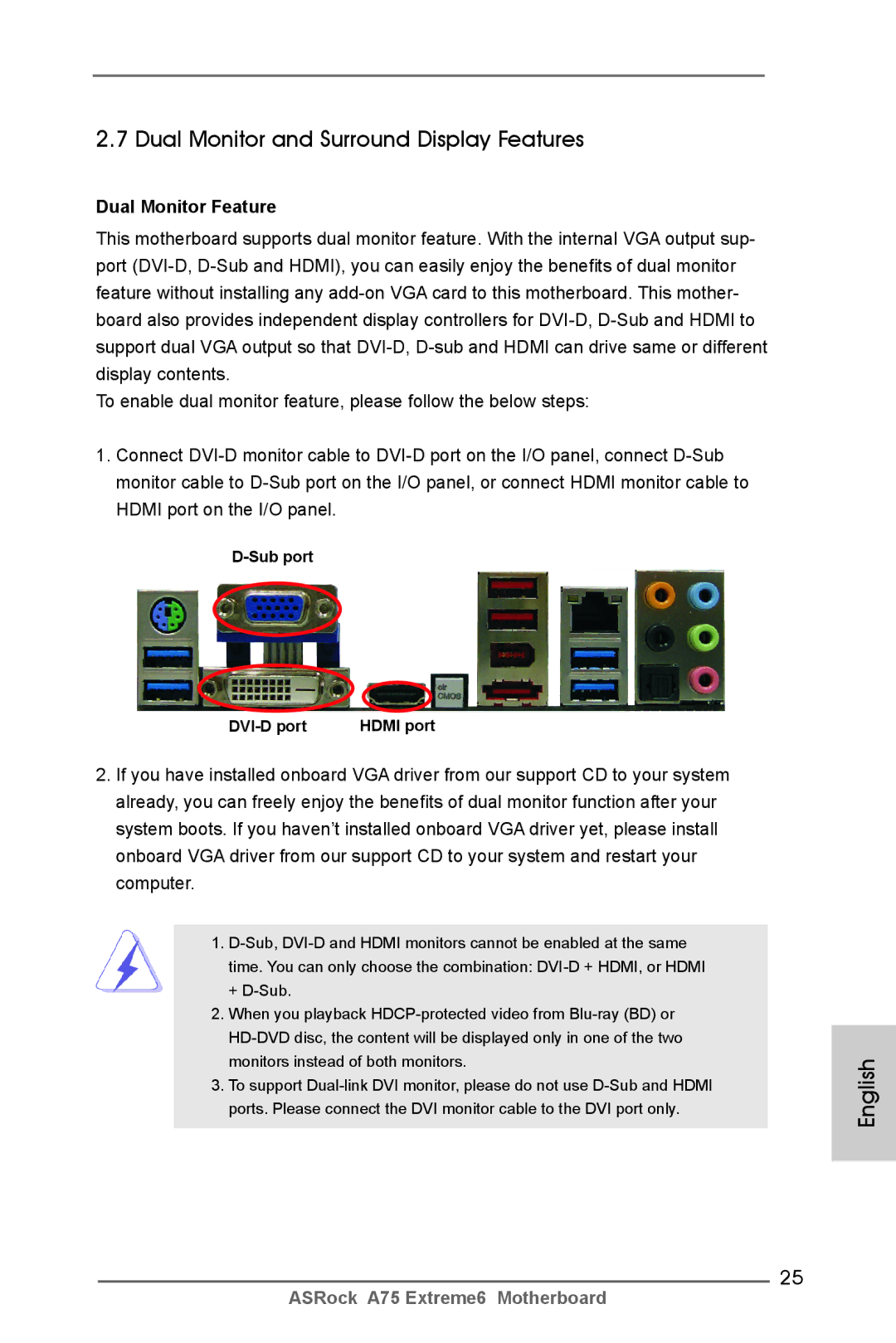 ASRock A75 Extreme6 manual Dual Monitor and Surround Display Features, Dual Monitor Feature, Sub port DVI-D port 