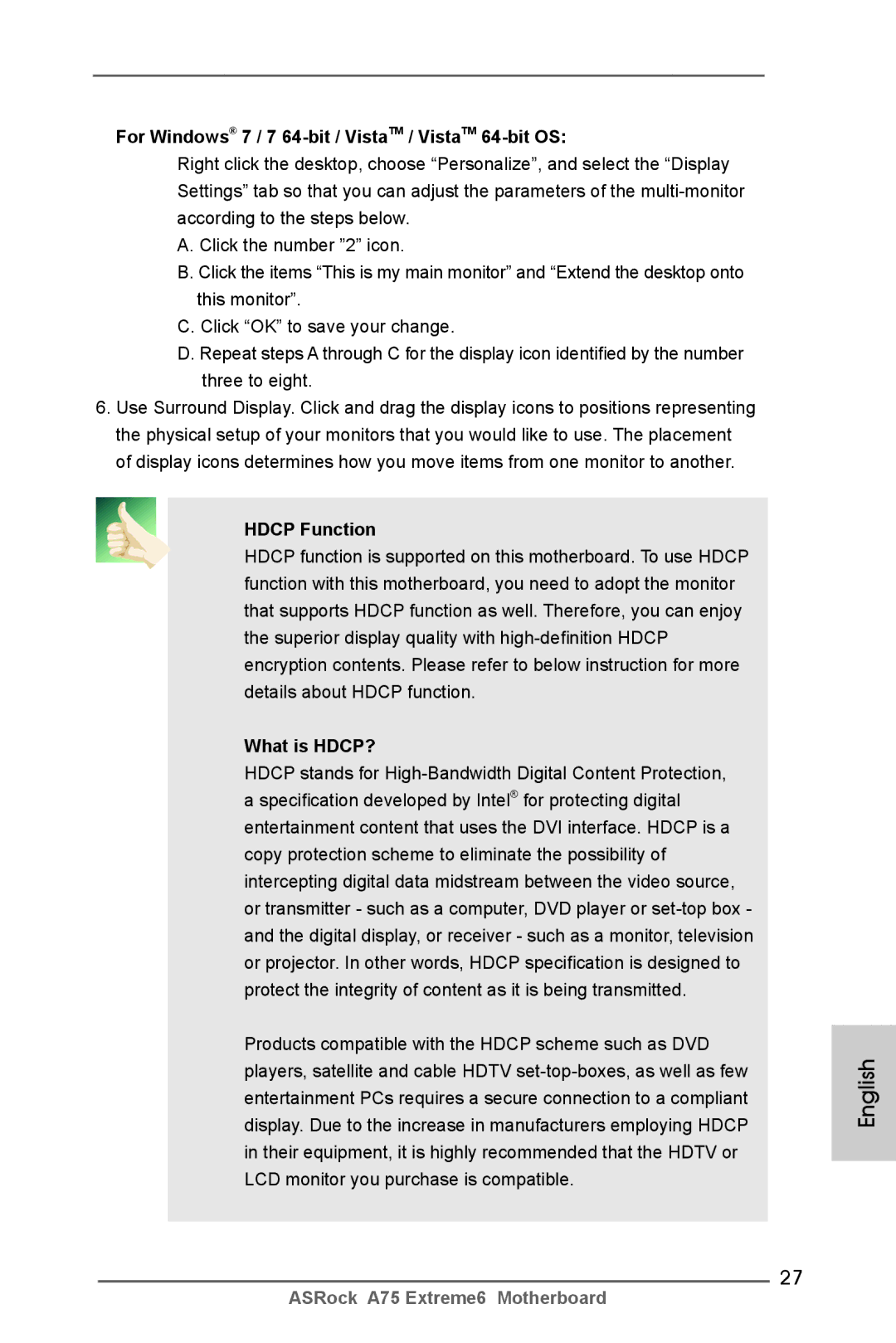 ASRock A75 Extreme6 manual For Windows 7 / 7 64-bit / VistaTM / VistaTM 64-bit OS, Hdcp Function, What is HDCP? 