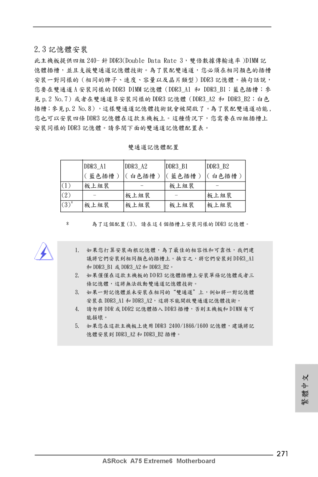 ASRock A75 Extreme6 manual 記憶體安裝, 271 