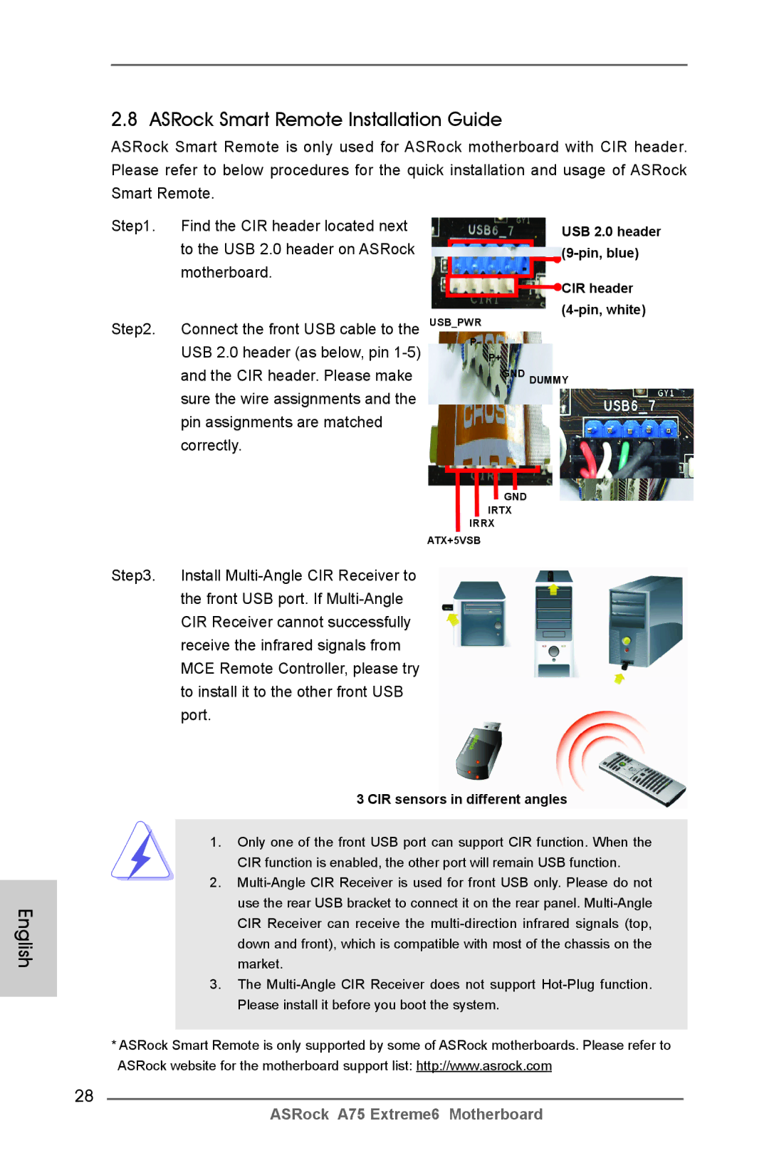 ASRock A75 Extreme6 manual ASRock Smart Remote Installation Guide, USB 2.0 header 9-pin, blue CIR header 4-pin, white 