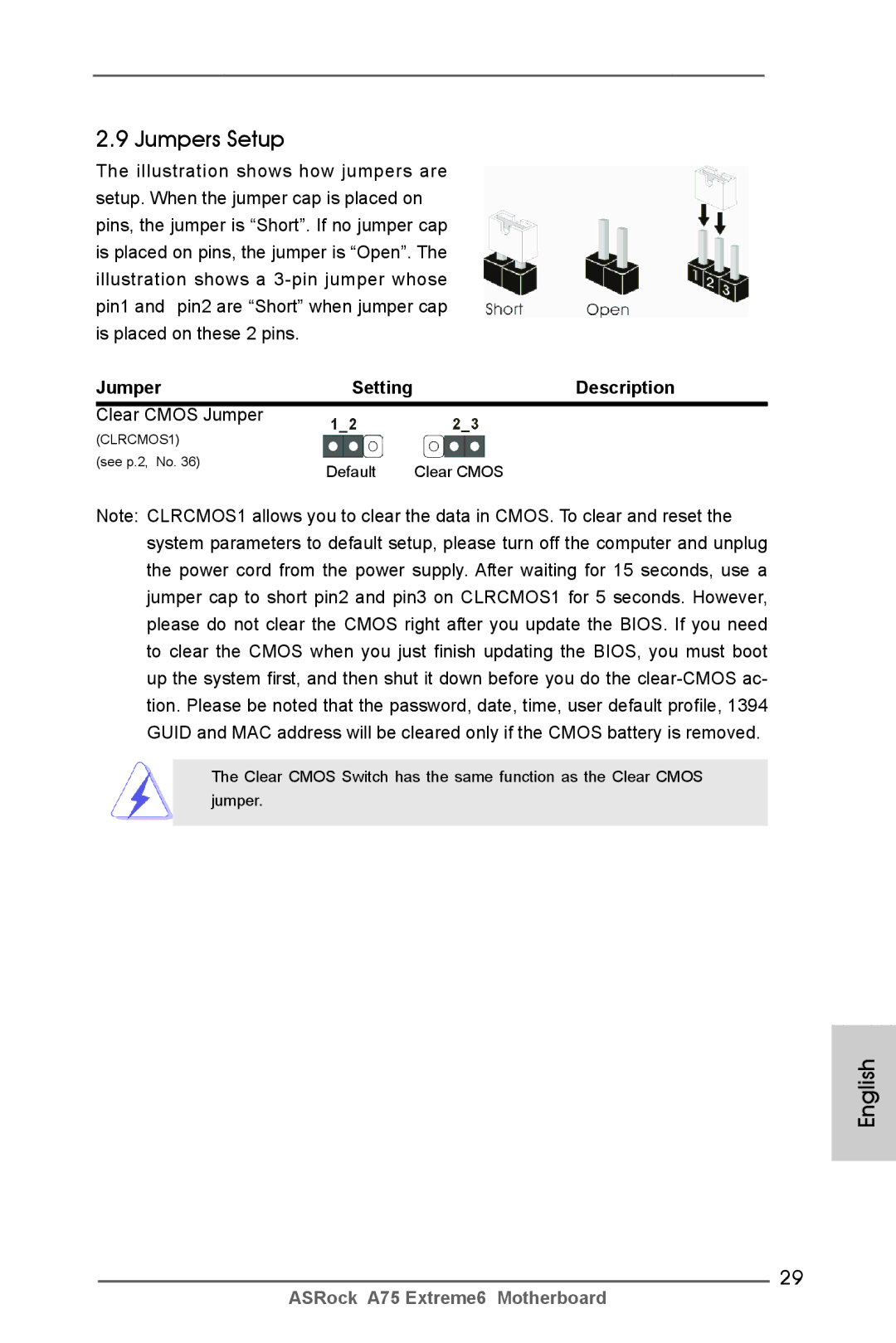 ASRock A75 Extreme6 manual Jumpers Setup, Description, Clear Cmos Jumper 